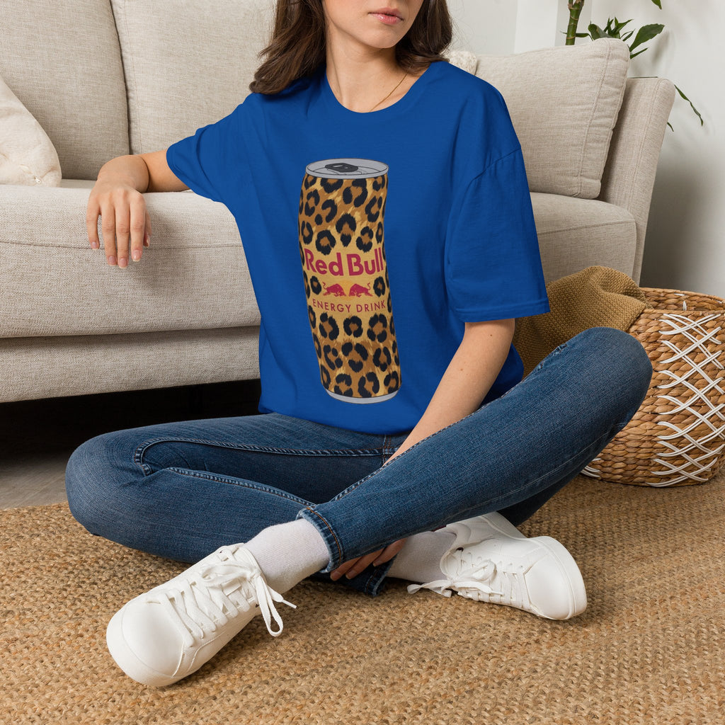 Leopard Print Red Bull Can T‑Shirt — Energy Drink Graphic Tee