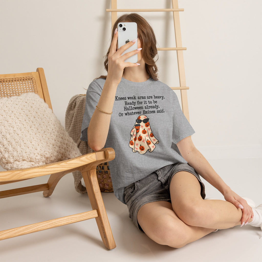 Funny Halloween Ghost T-Shirt — "Knees weak arms are heavy. Ready for it to be Halloween already. Or whatever Slim said."