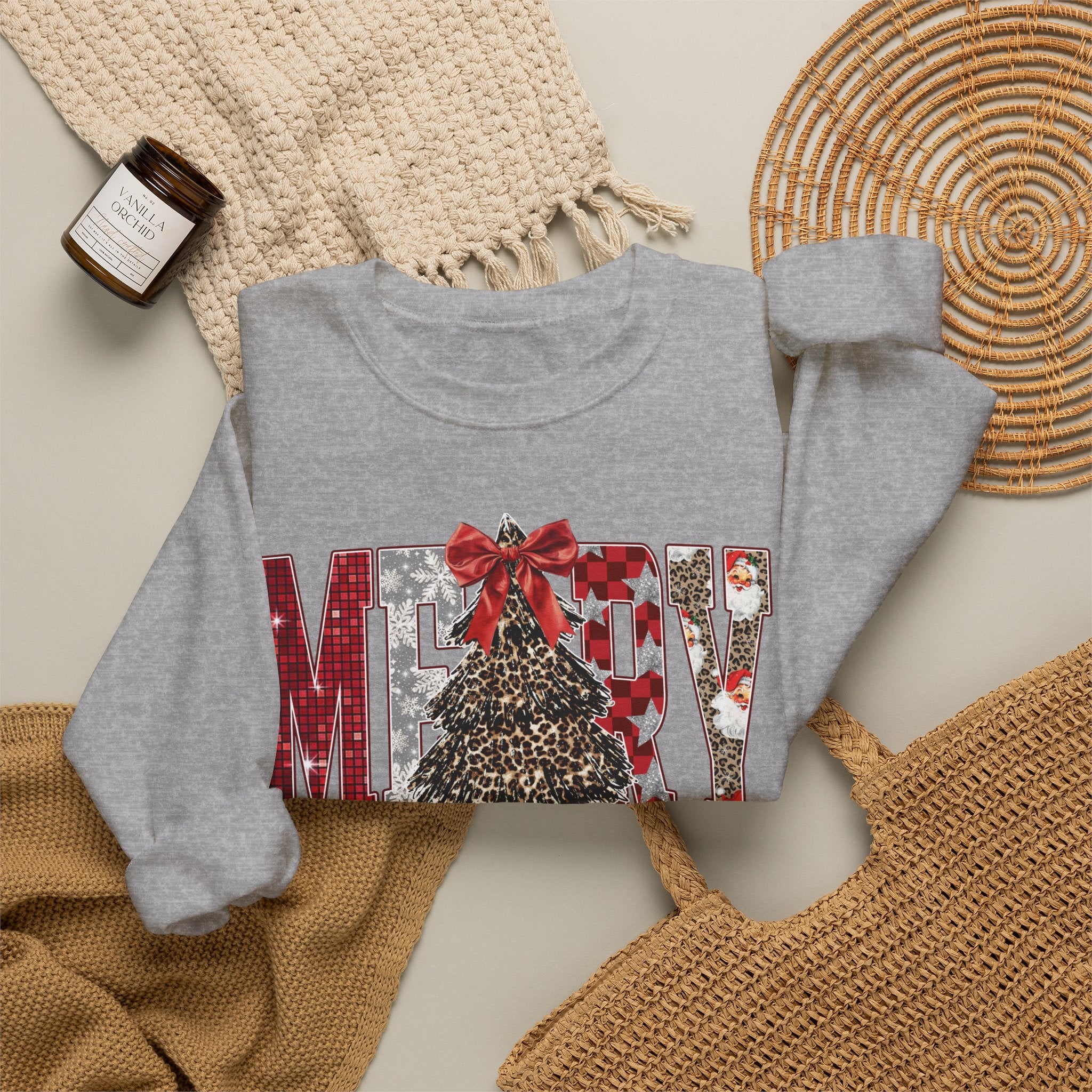 Merry Christmas Crewneck Sweatshirt — Festive Tree & Bow Holiday Sweatshirt