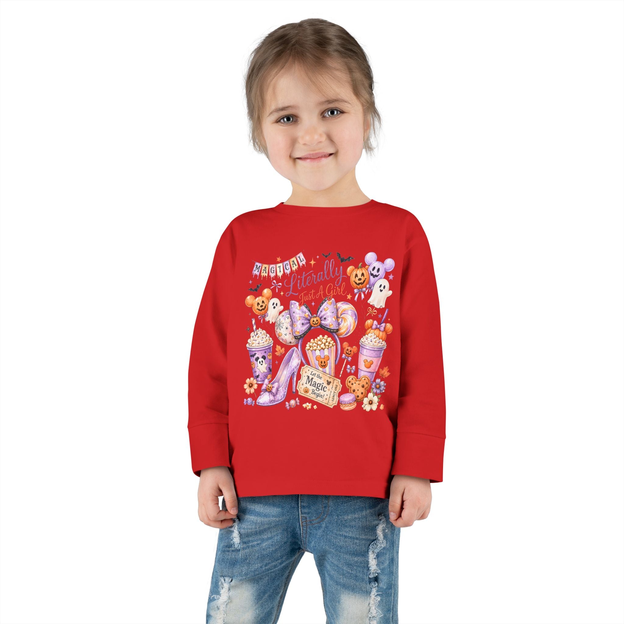 Toddler Long Sleeve Tee — "Pumpkin Spice & Magic" Halloween Minnie Bow Graphic