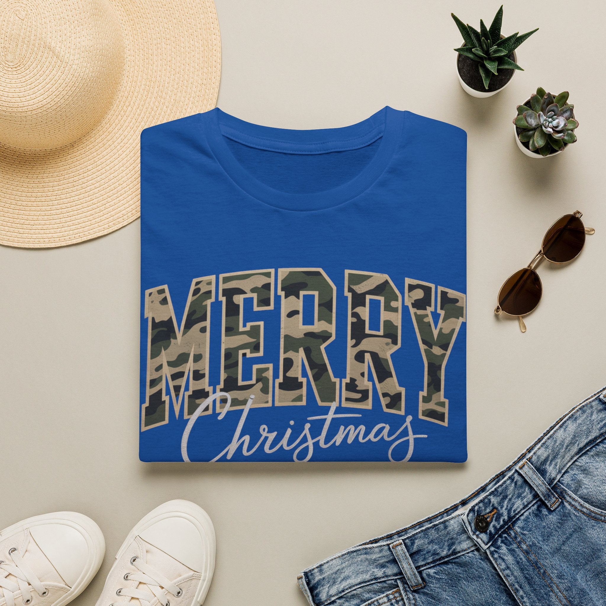 Merry Christmas Camo Tee — Women's Holiday Graphic T-Shirt