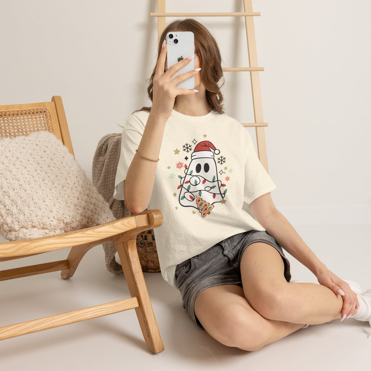 Christmas Ghost T-Shirt — Cute Haunted Holiday Tee with Santa Hat & Lights