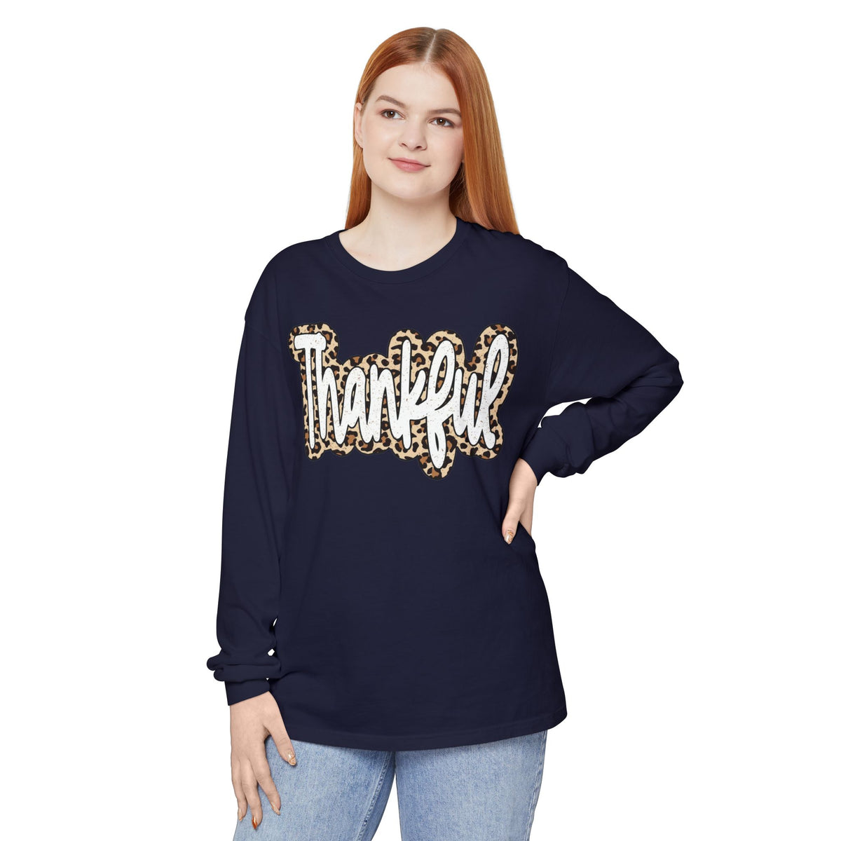 Thankful Leopard Print Long Sleeve T-Shirt | Thanksgiving Fall