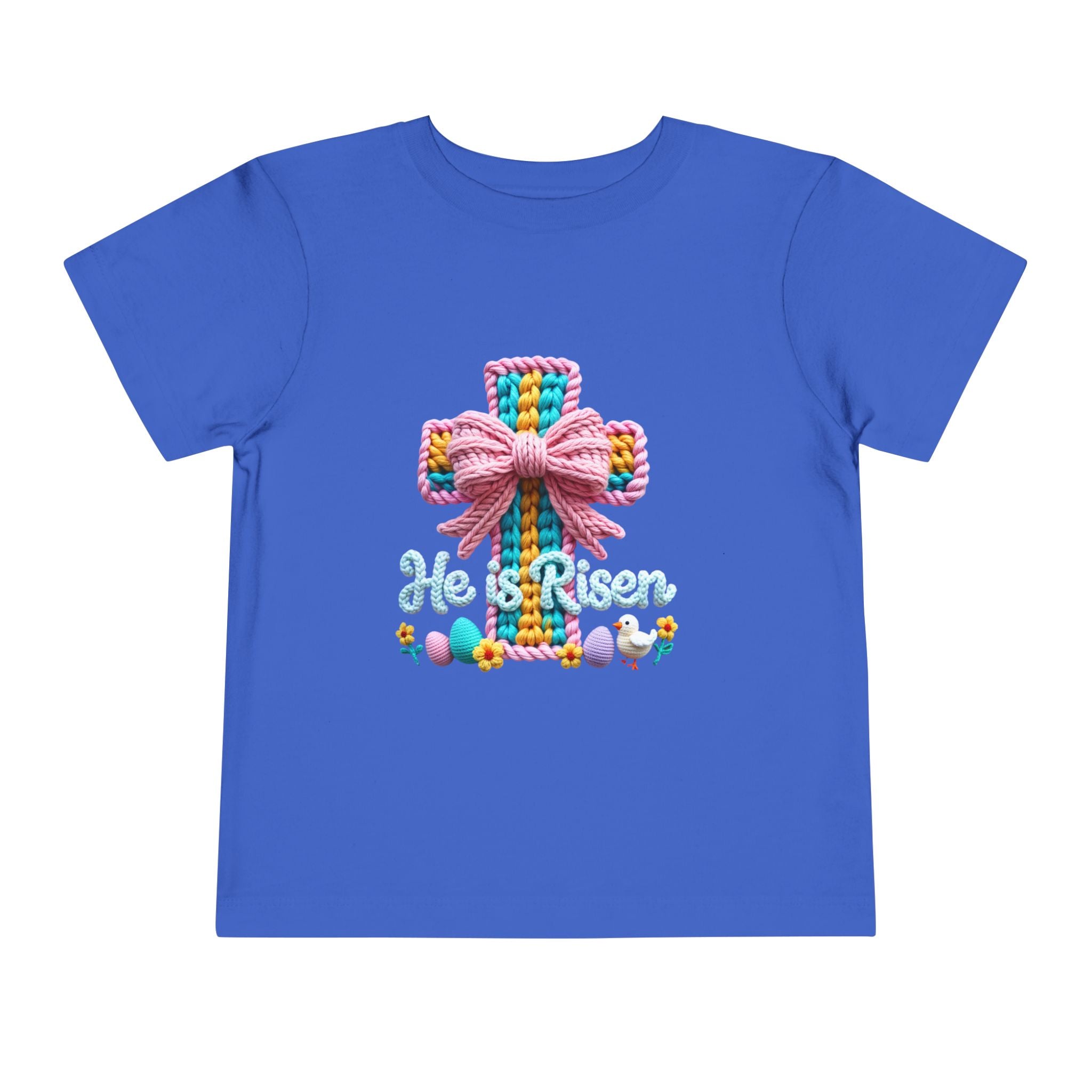 Easter Cross Toddler Tee — Colorful Knit Cross with "He is Risen" & Easter Eggs