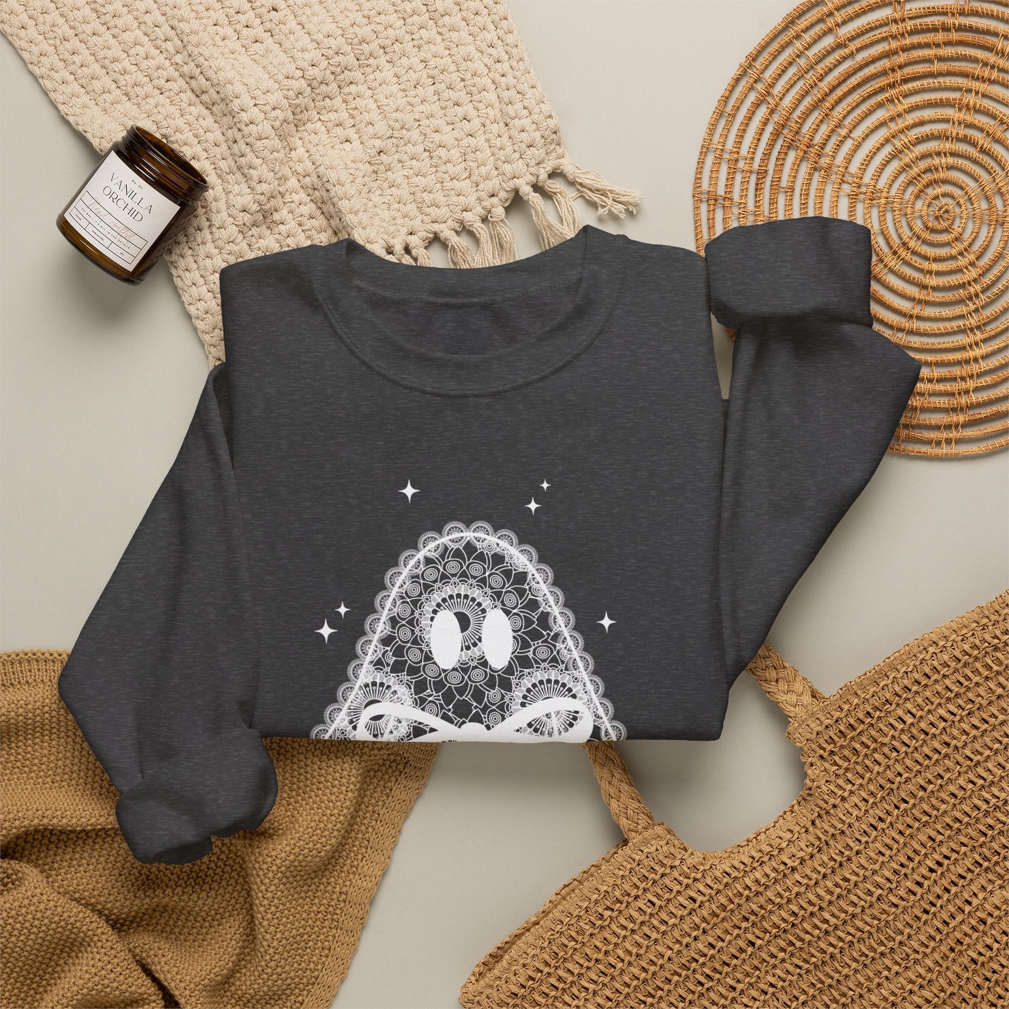 Crewneck Sweatshirt — Lace Ghost Illustration Cozy Halloween Pullover