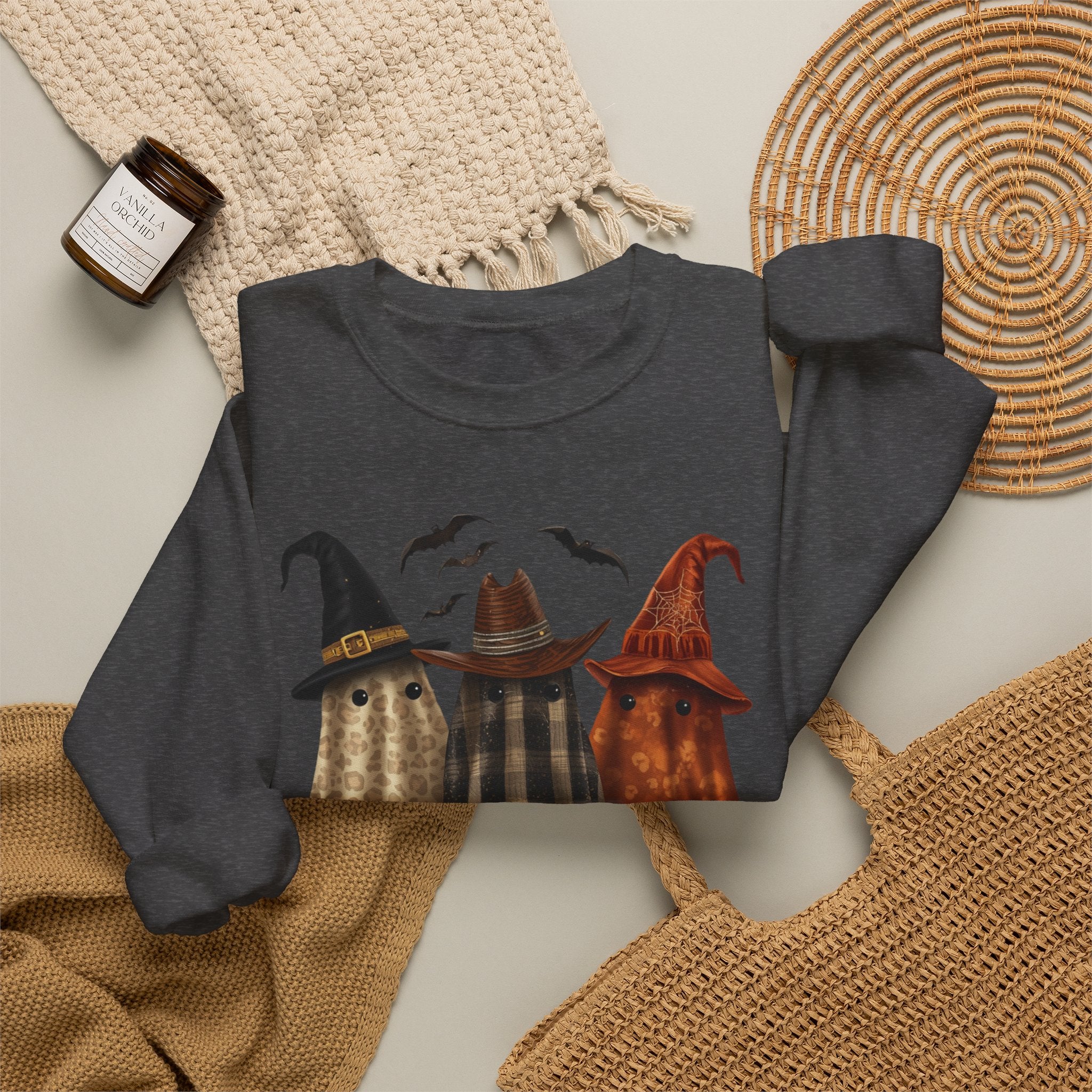 Halloween Witch Ghosts Crewneck Sweatshirt — Cozy Pumpkin & Bats Fall Graphic
