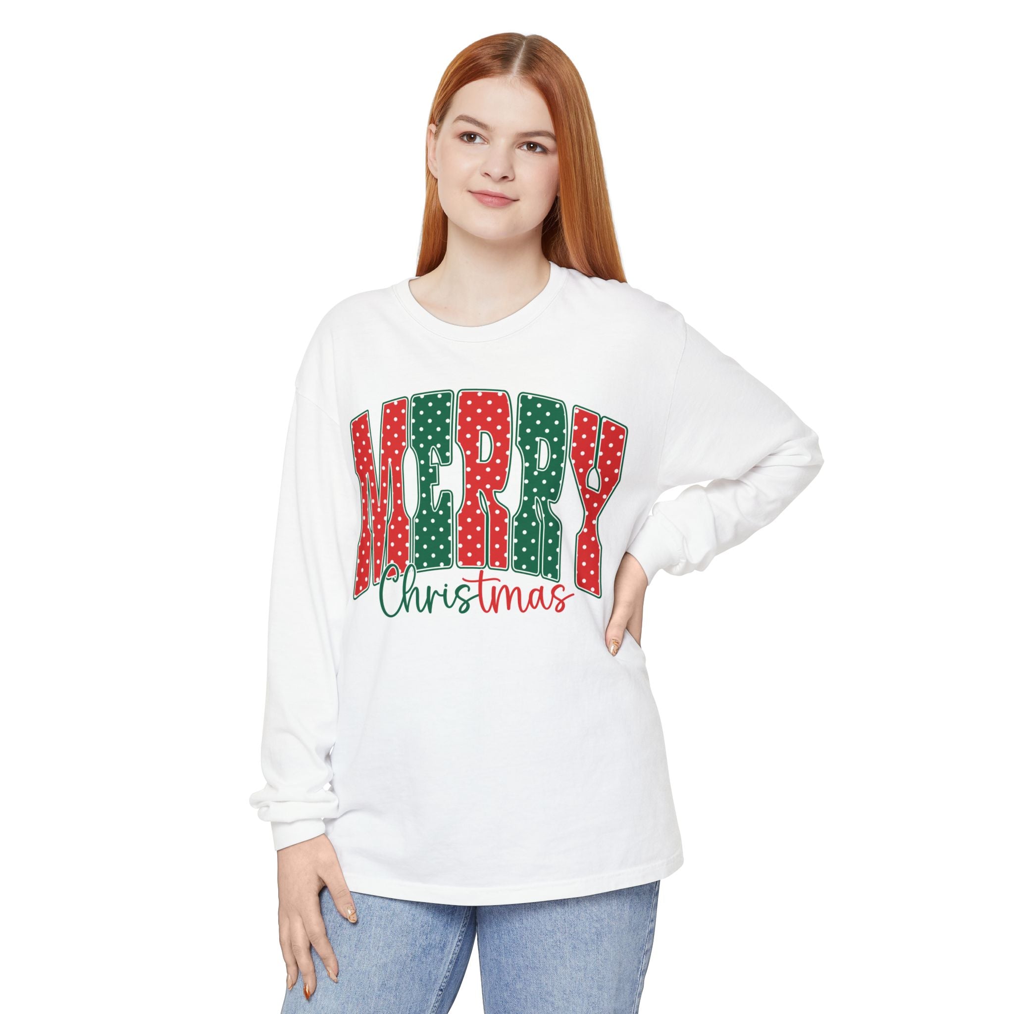 Merry Christmas Long Sleeve Tee — Festive Red & Green Holiday Shirt