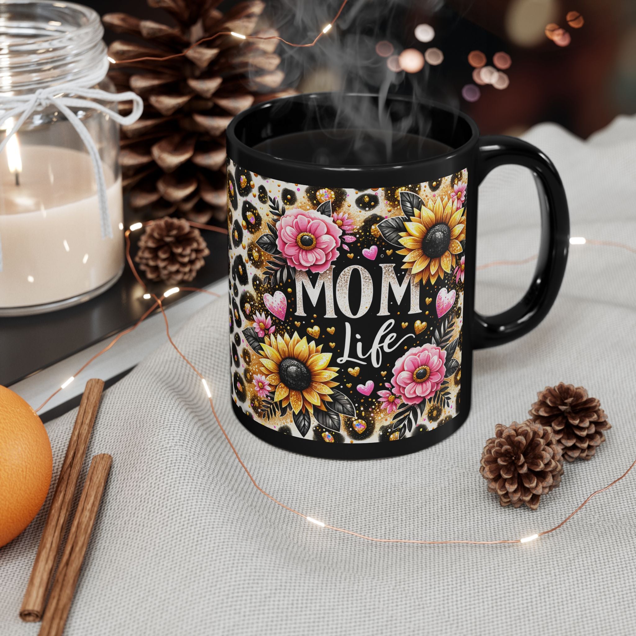 Mom Life Leopard Sunflower Black Ceramic Mug (11oz/15oz)