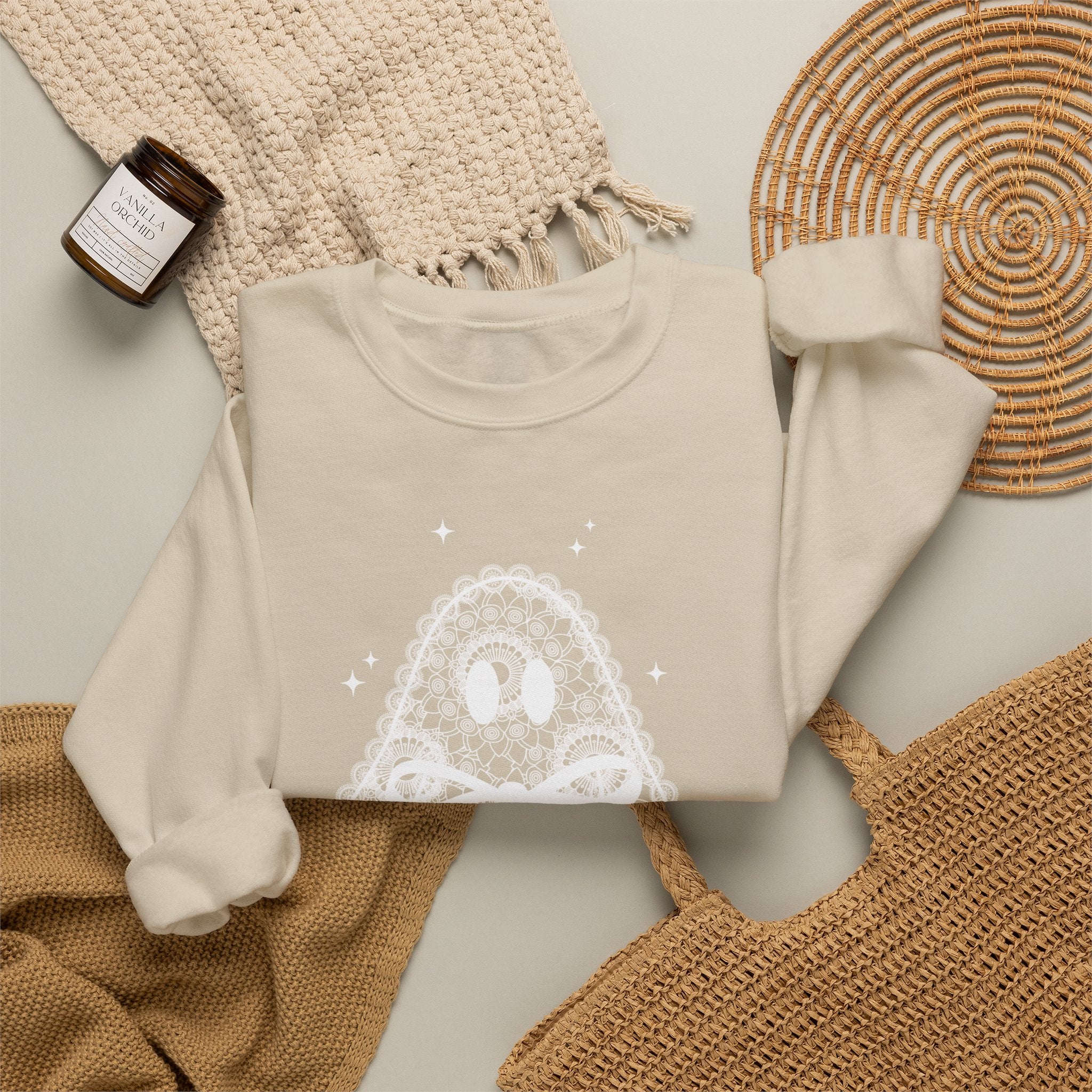 Crewneck Sweatshirt — Lace Ghost Illustration Cozy Halloween Pullover