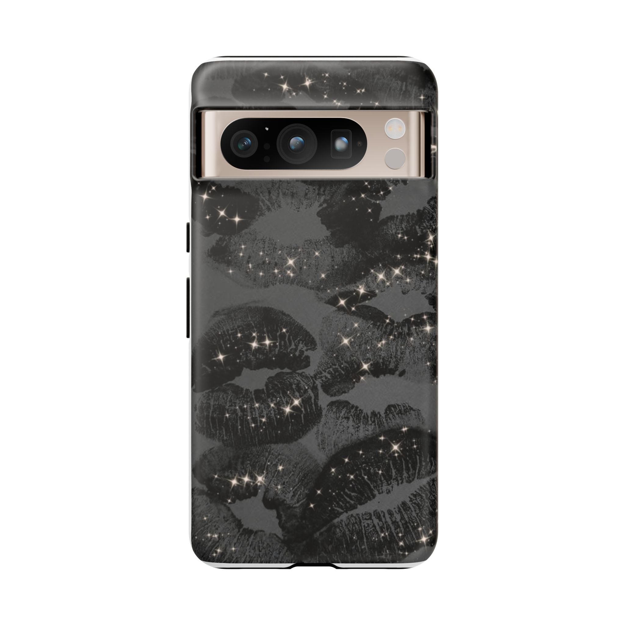 Black Glitter Kiss Phone Case — Sparkling Lip Print Protective Cover