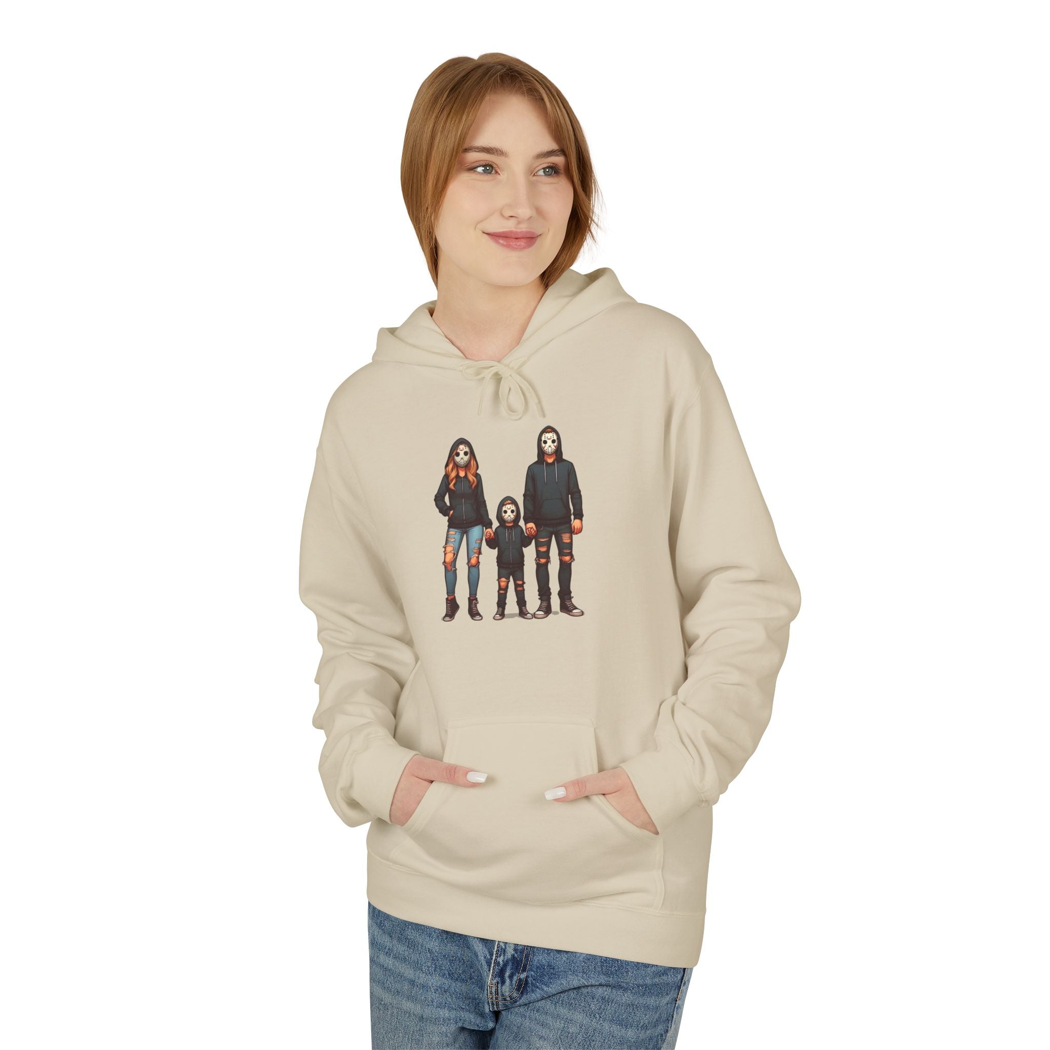 Horror Trio Graphic Hoodie — Creepy Doll & Twins Illustration