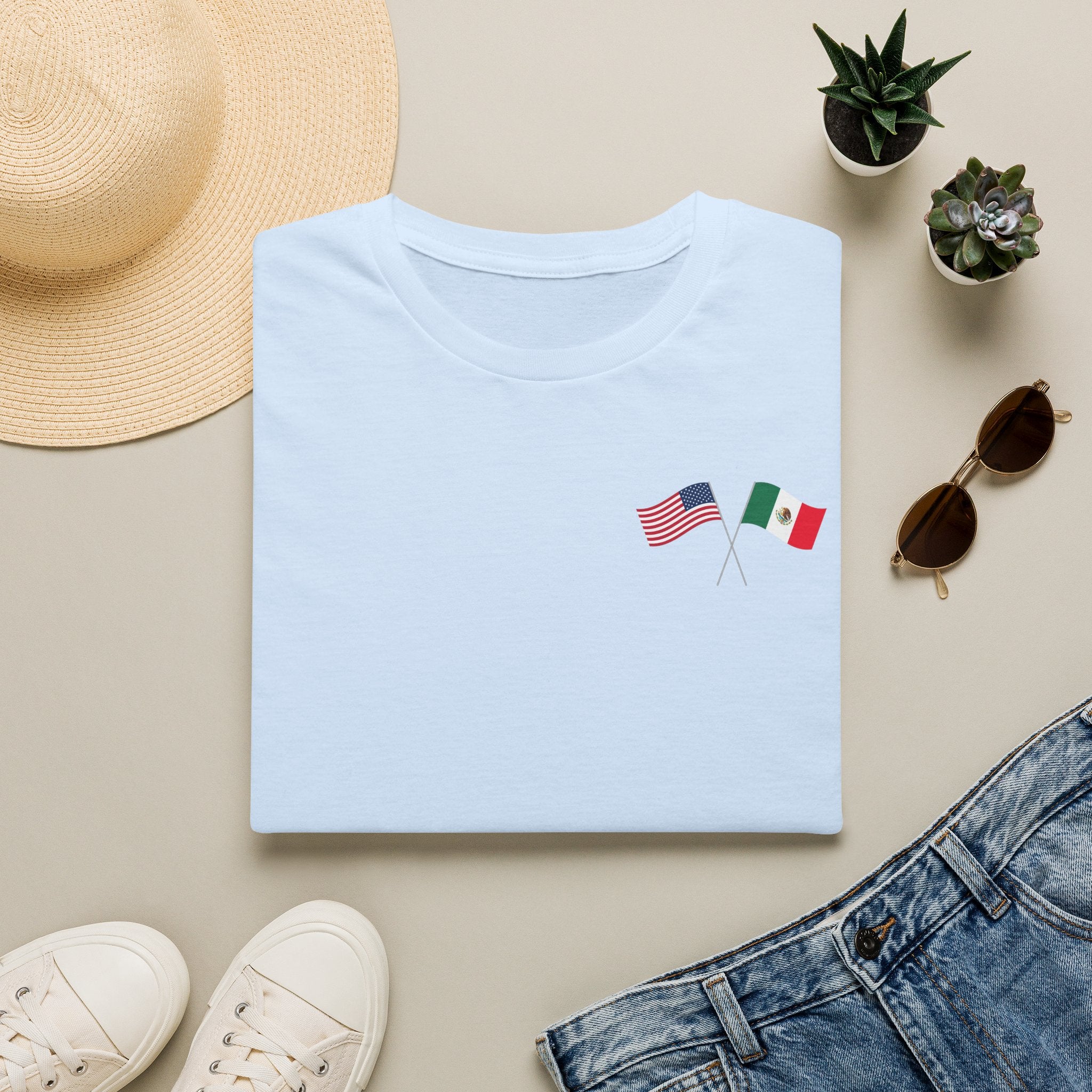 USA Mexico Flag T-Shirt — Small Crossed American & Mexican Flags Tee