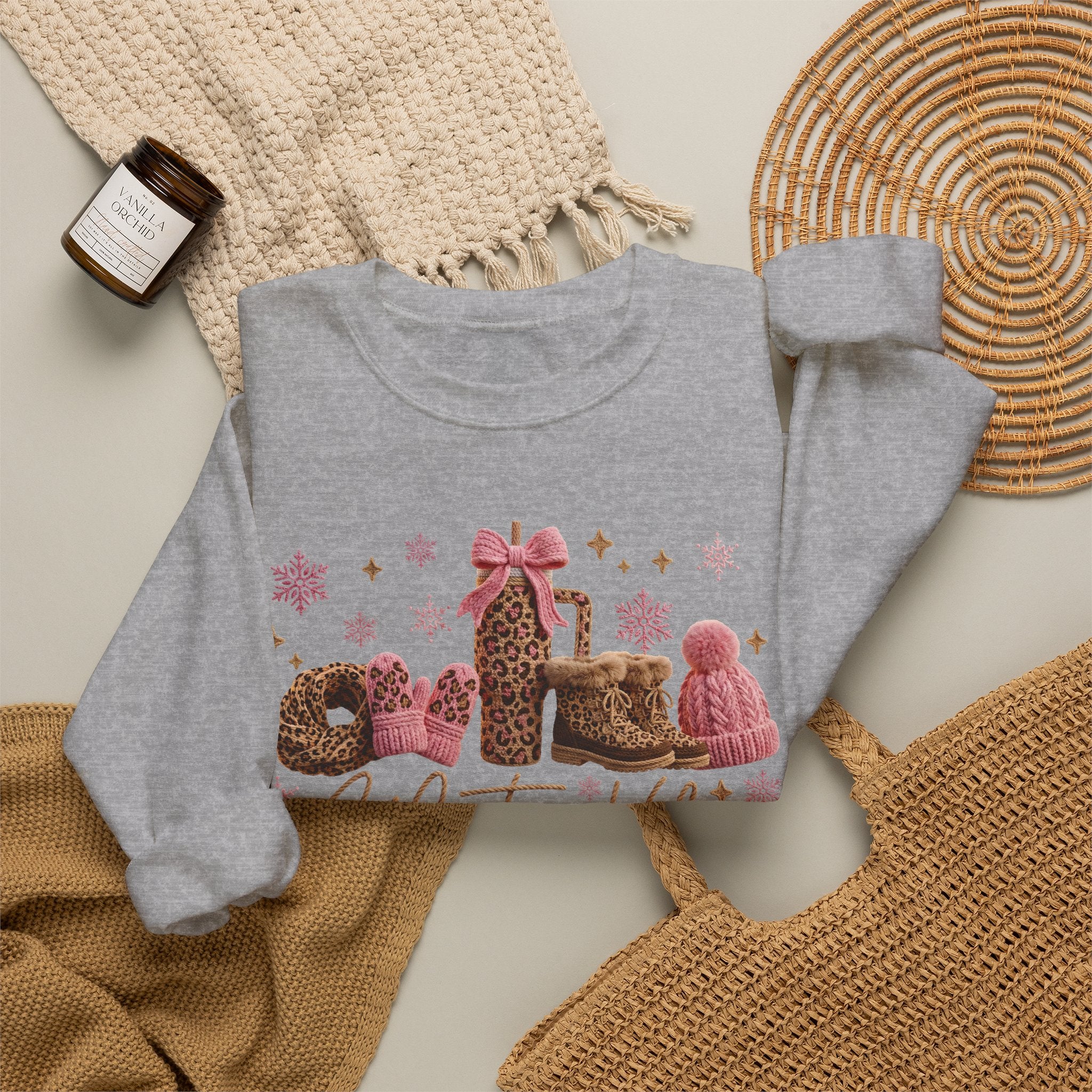 Crewneck Sweatshirt — 'Winter Vibes' Cozy Leopard Print Holiday Design