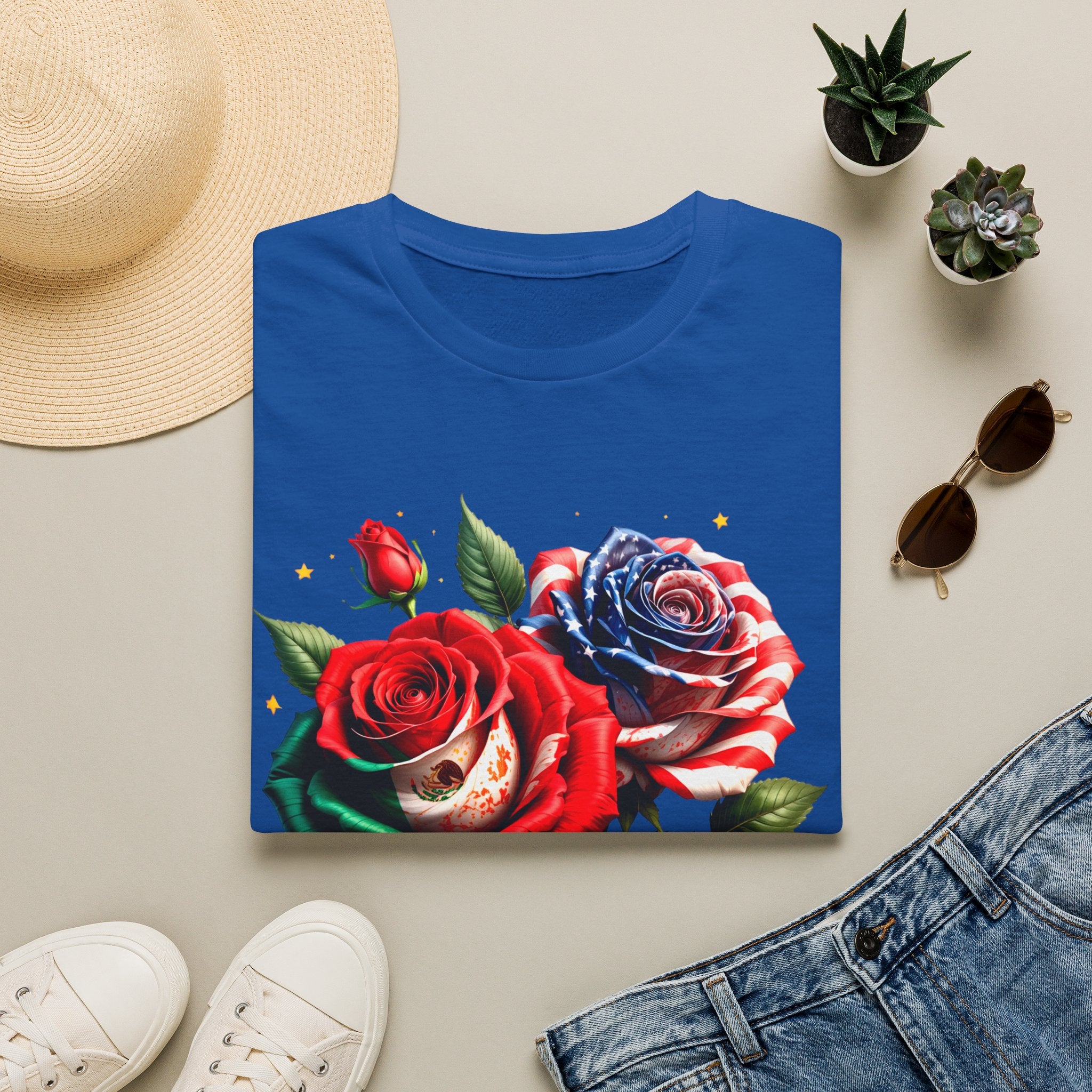 Patriotic Rose Skull T-Shirt — American Flag Blue & Red Floral Tee