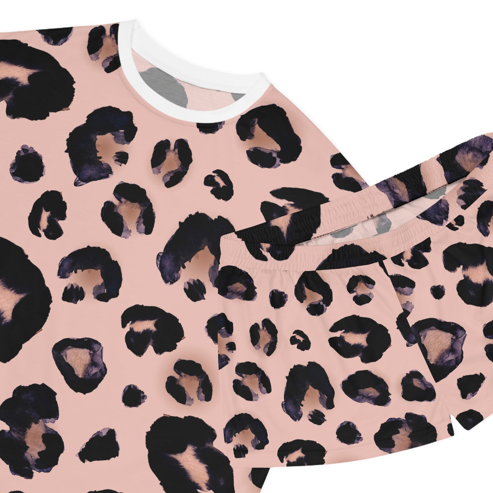 Women's Pink Leopard Print Pajama Set - Short Sleepwear