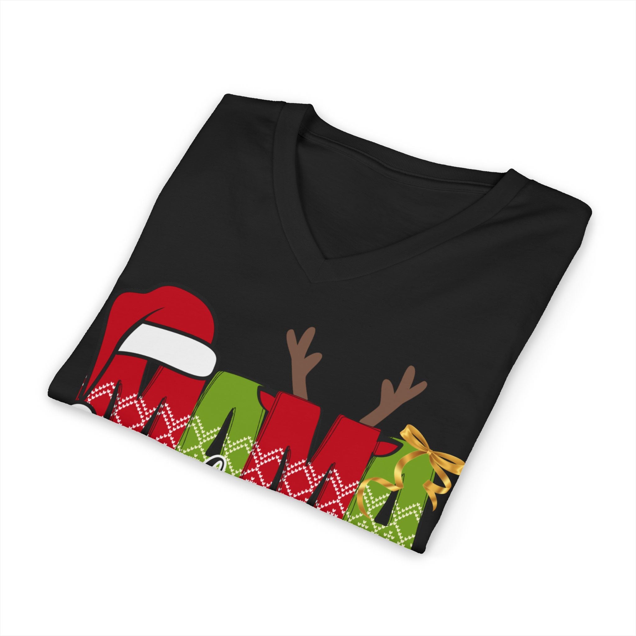 Mom Claus V-Neck Tee — Christmas Holiday Family Graphic Shirt