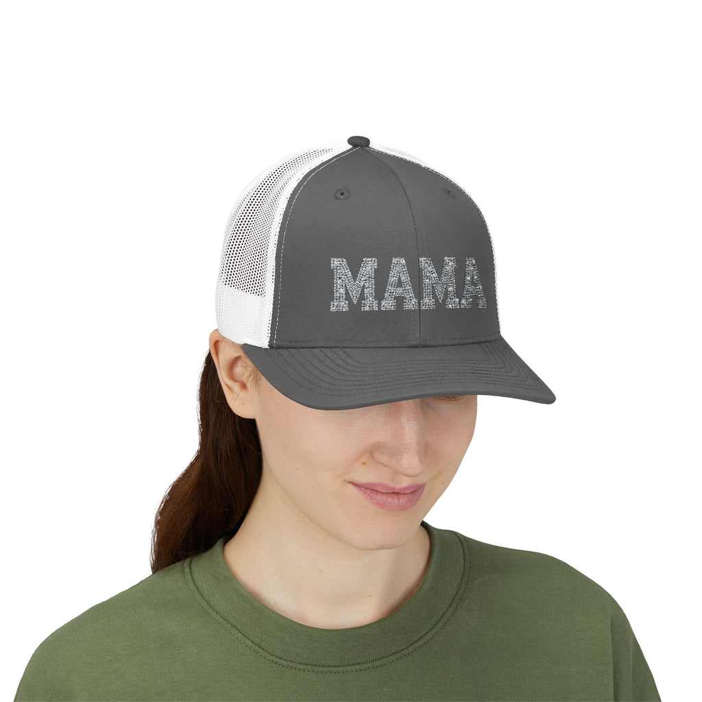 Mama Snapback Trucker Cap — Glitter Script "MAMA" Mesh Back Hat for Moms, Mother's Day Gift