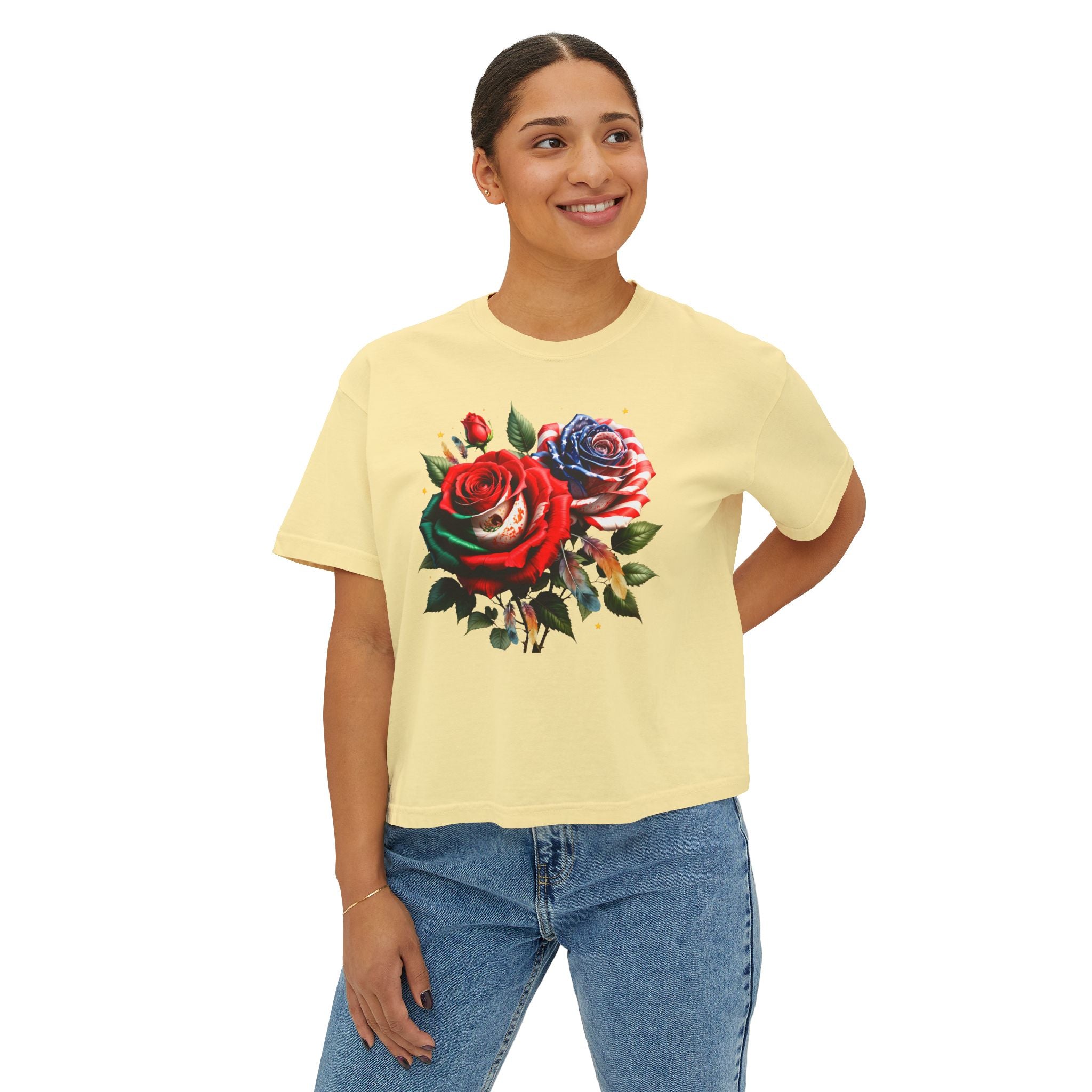 Women’s Boxy Tee — Vintage Red & Blue Rose Floral Graphic
