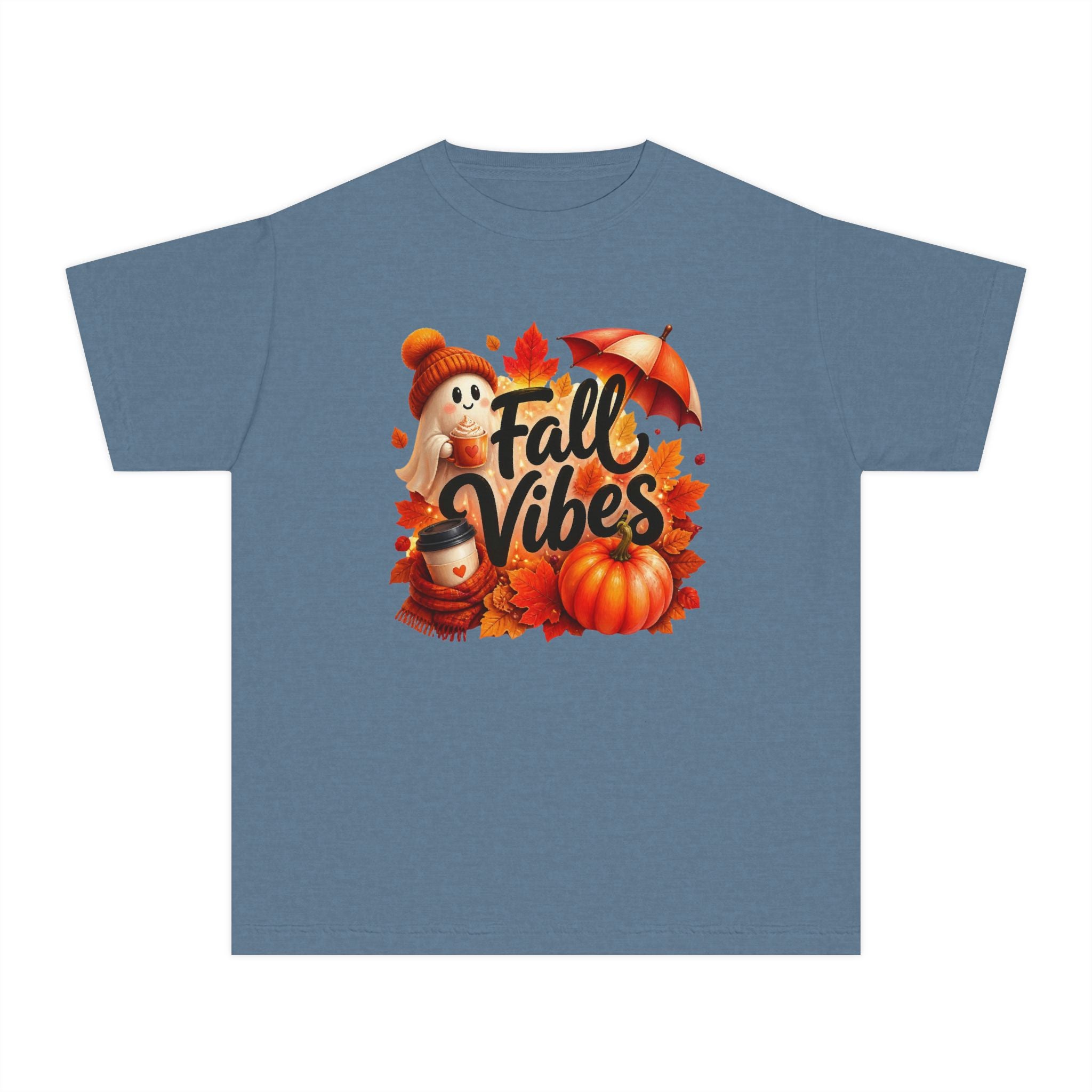 Fall Vibes Youth Tee — Cute Pumpkin, Leaves & Scarecrow Autumn Shirt