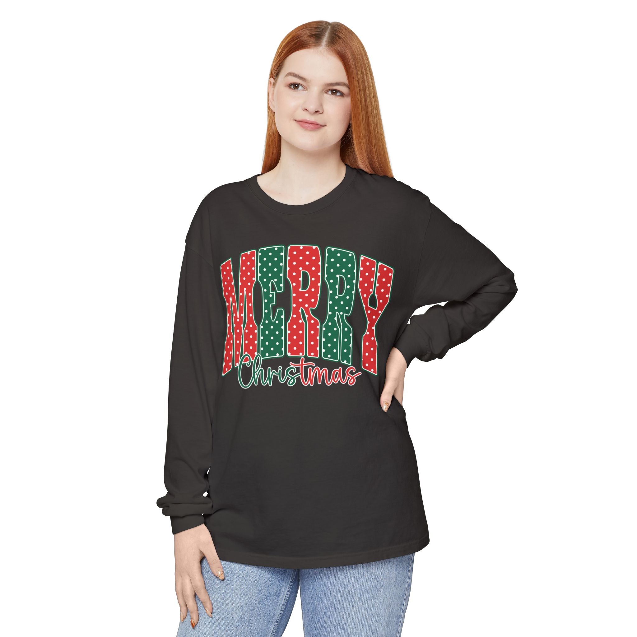 Merry Christmas Long Sleeve Tee — Festive Red & Green Holiday Shirt