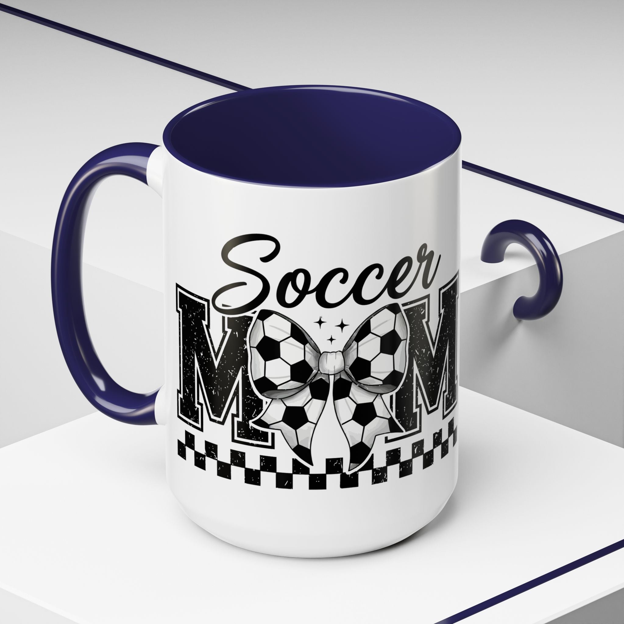 Soccer Mom Accent Coffee Mug — Black Interior & Handle, Soccer Ball Graphic