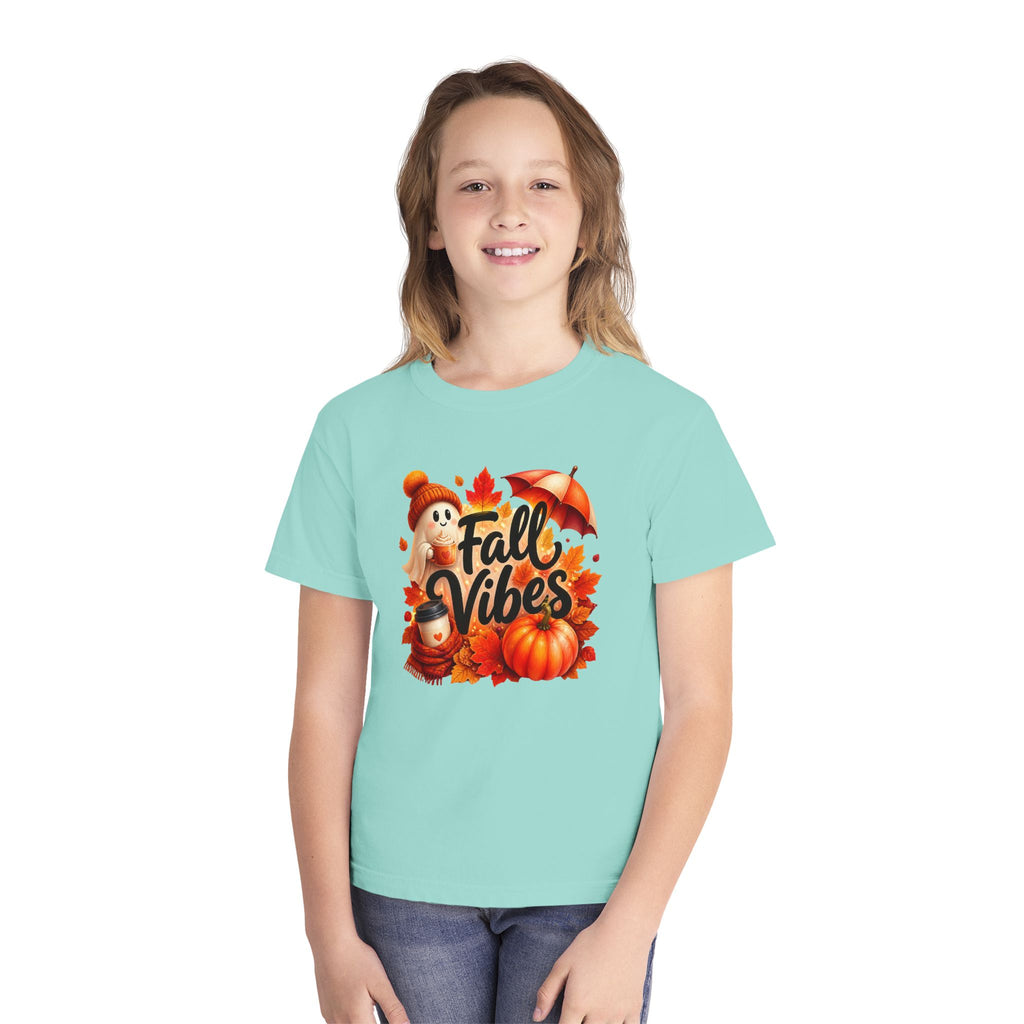 Fall Vibes Youth Tee — Cute Pumpkin, Leaves & Scarecrow Autumn Shirt