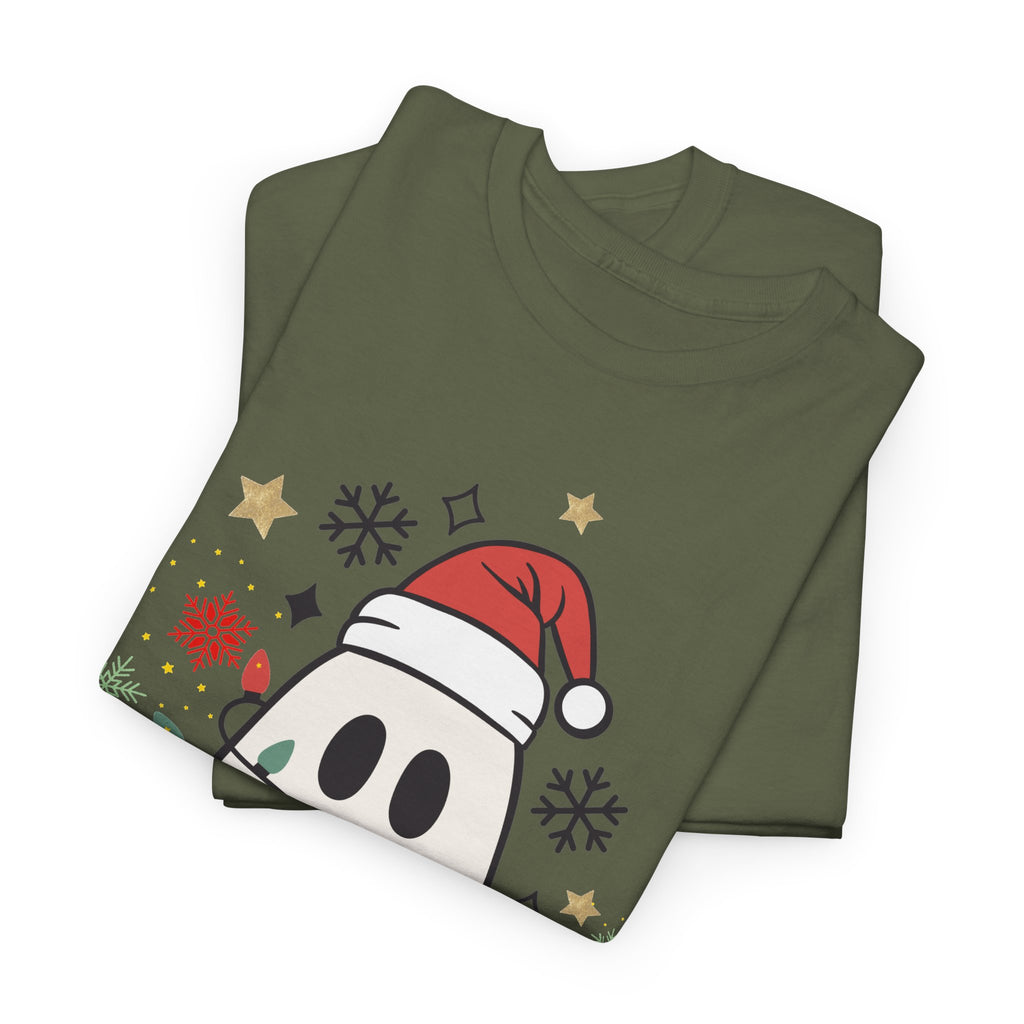 Christmas Ghost T-Shirt — Cute Haunted Holiday Tee with Santa Hat & Lights