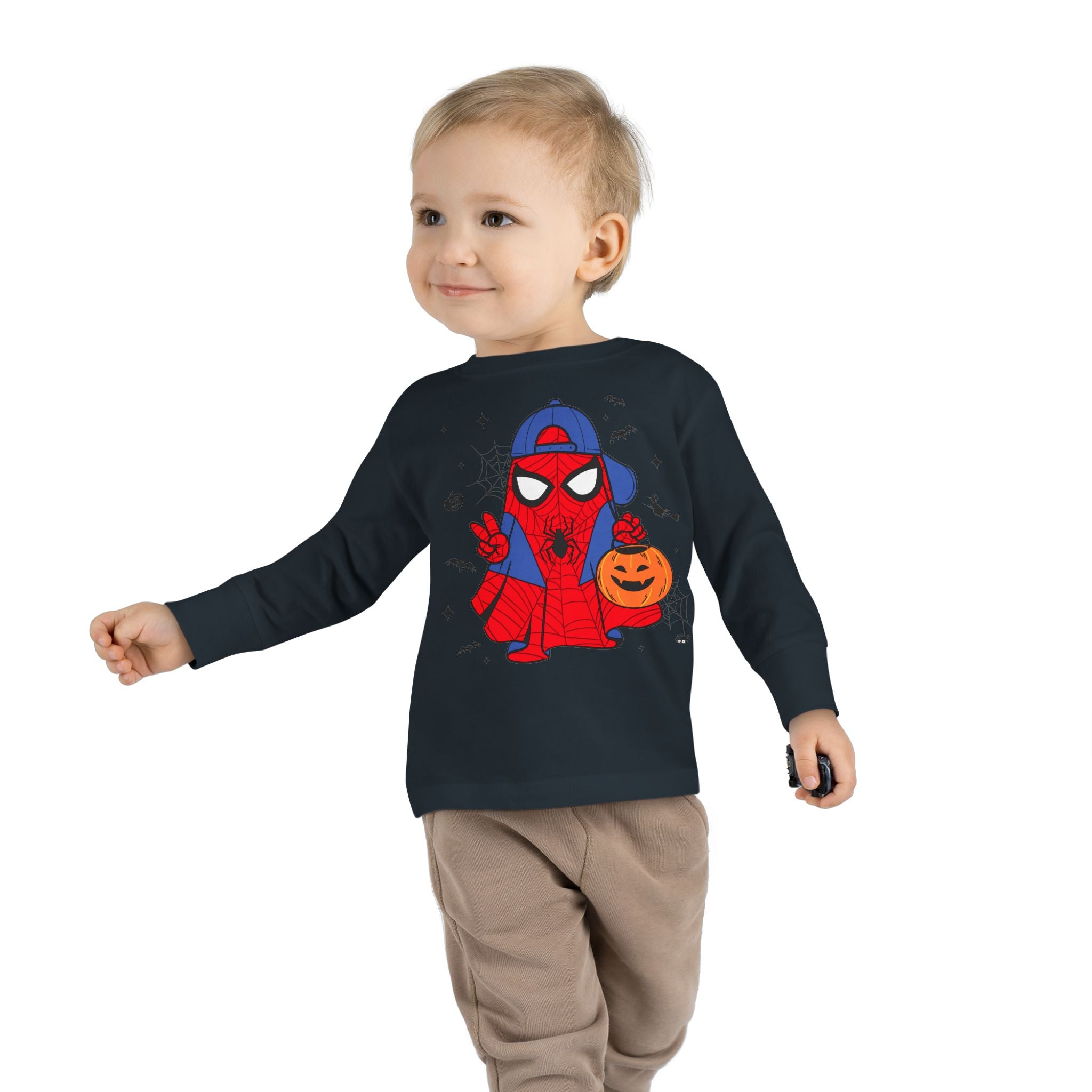 Spider Hero Toddler Long Sleeve Tee — Cute Halloween Pumpkin Trick-or-Treat Shirt