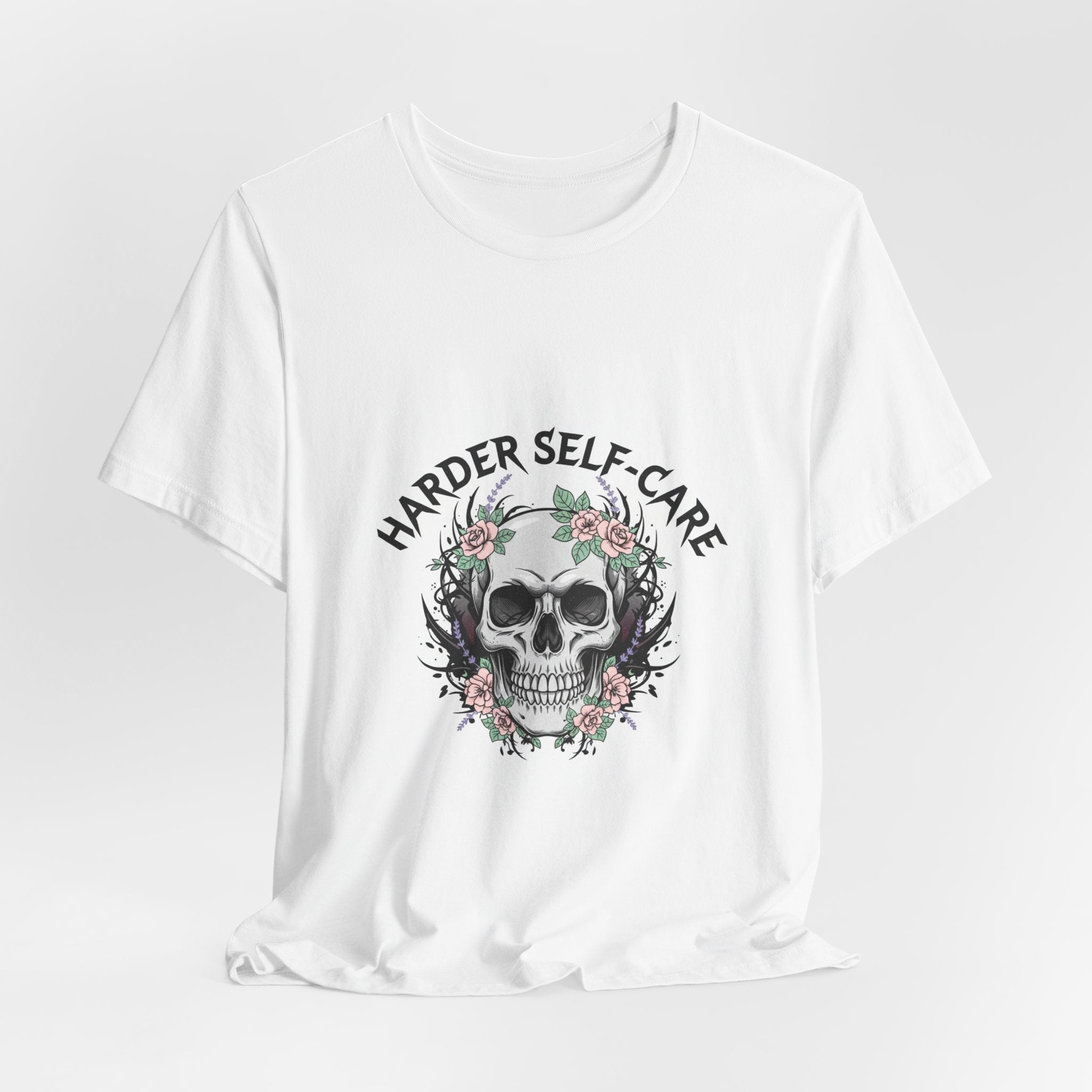 Harder Self-Care Skull Tee | metal font shirt, gothic wellness quote