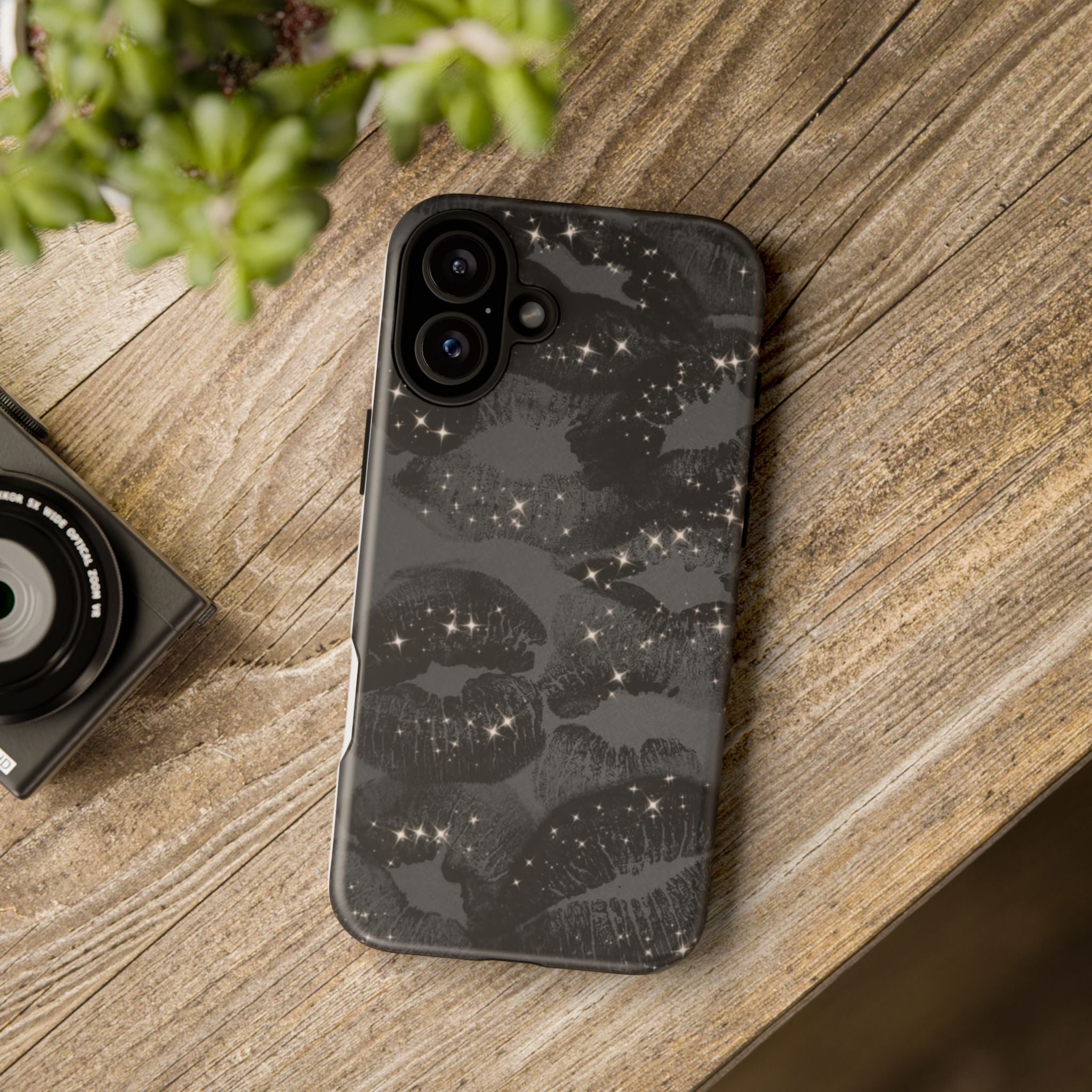 Black Glitter Kiss Phone Case — Sparkling Lip Print Protective Cover
