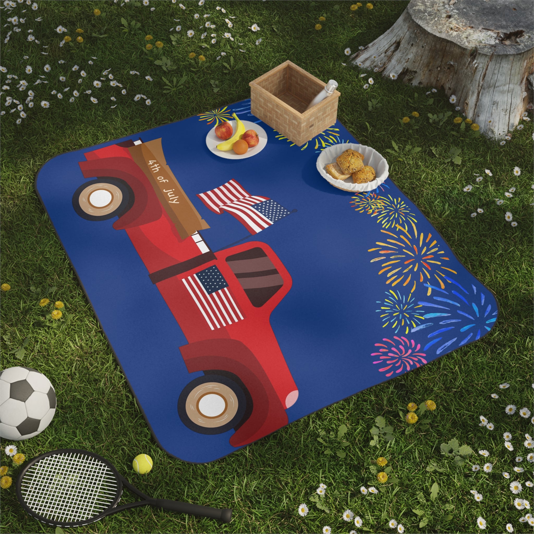 4th of July Picnic Blanket — Red Truck American Flag Fireworks Outdoor Throw