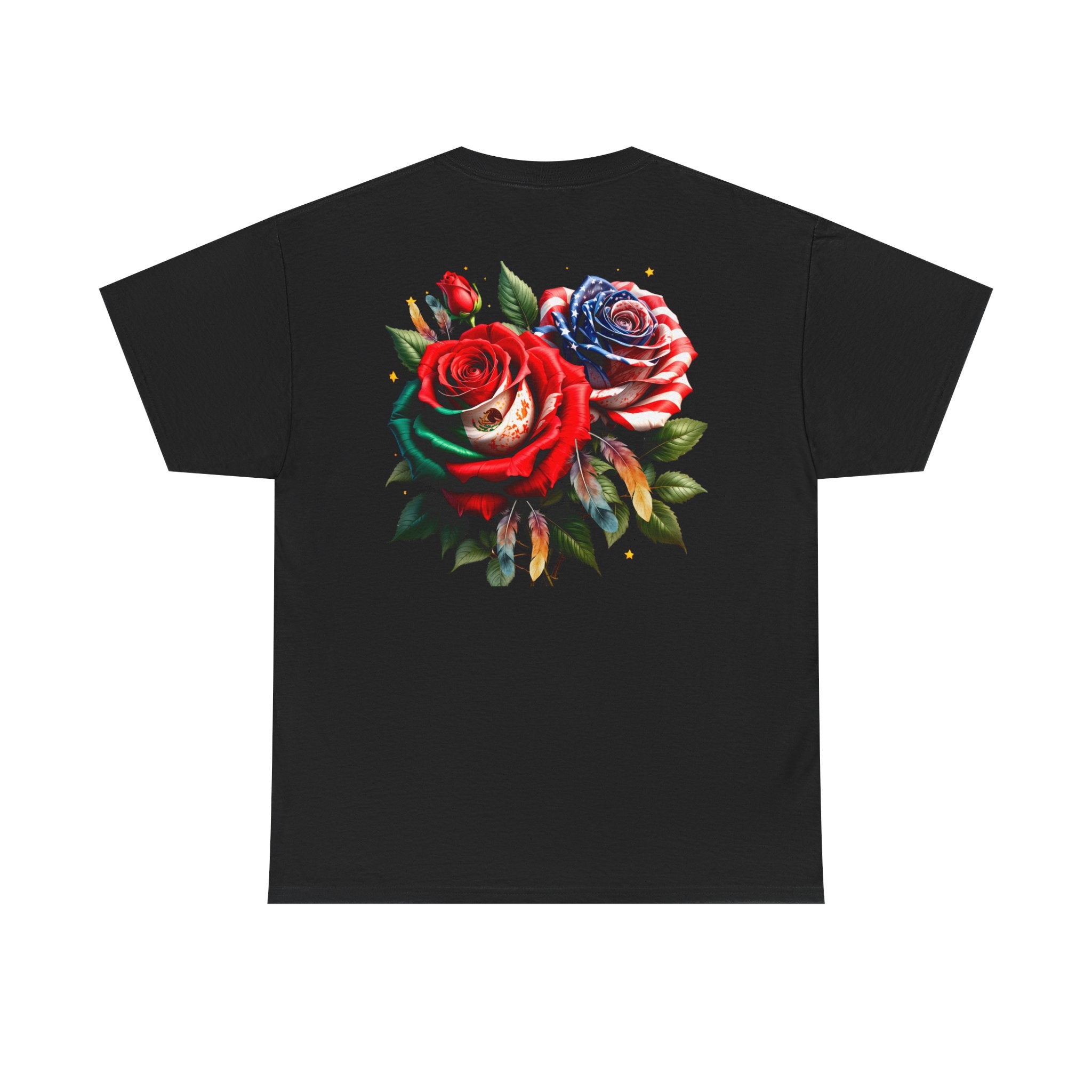 American & Italian Flag Tee with Vintage Rose Back — Patriotic Floral T-Shirt