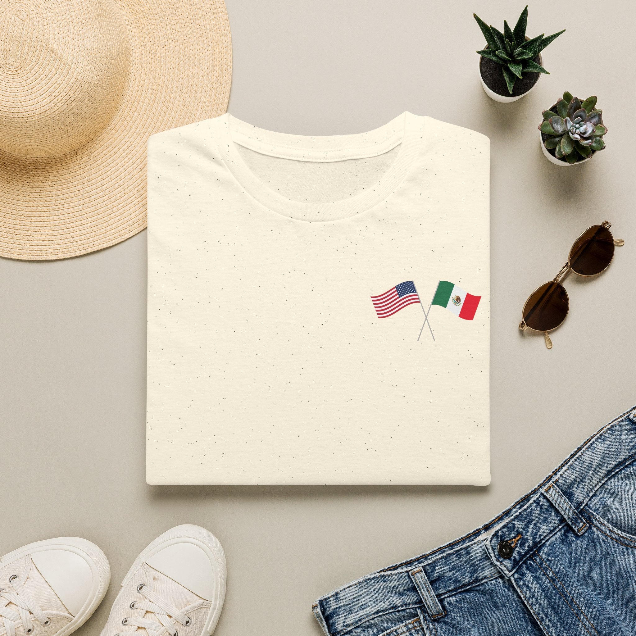 USA Mexico Flag T-Shirt — Small Crossed American & Mexican Flags Tee