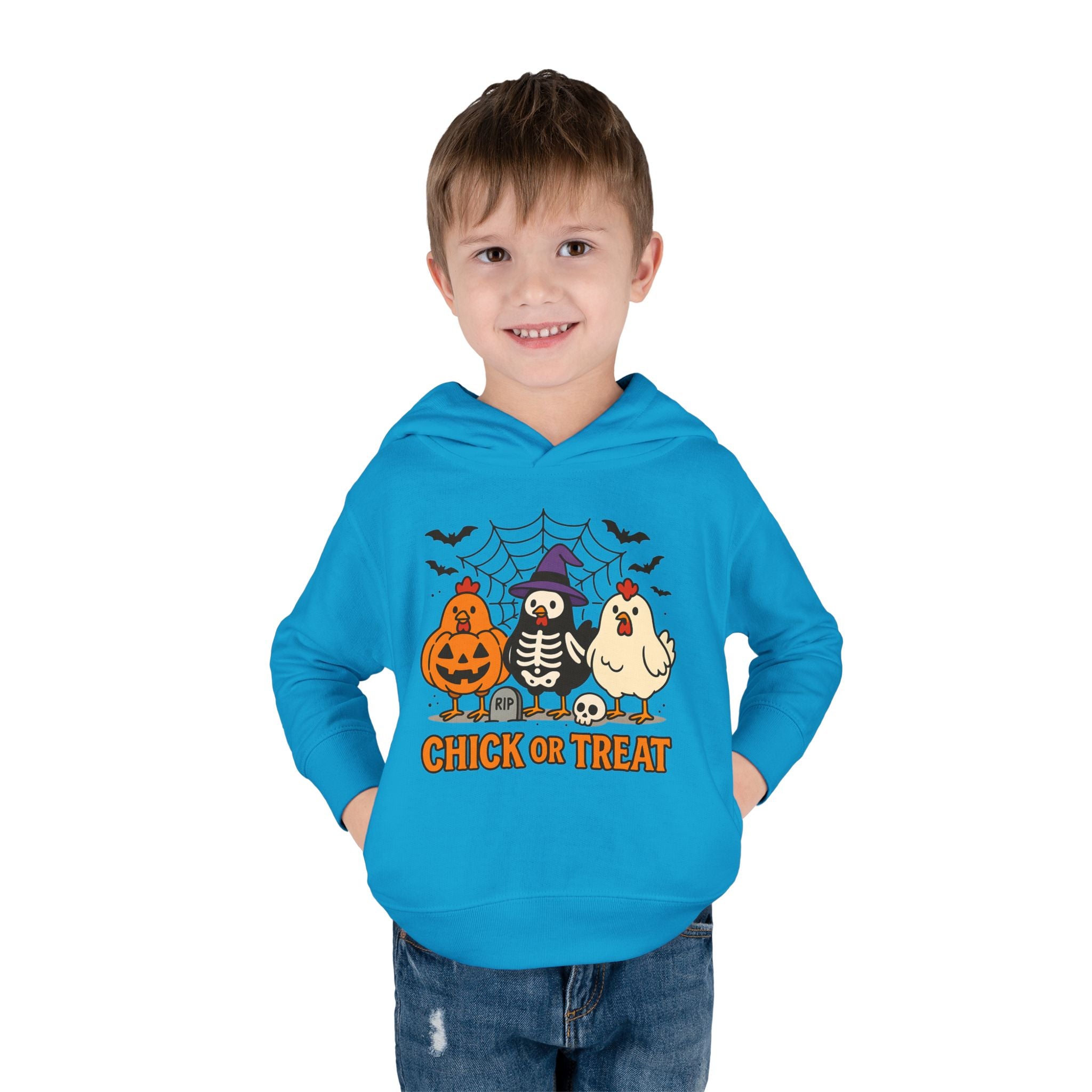 Toddler Halloween Pullover Hoodie – "Chick or Treat" Pumpkin Skeleton Chicken Kids Fleece