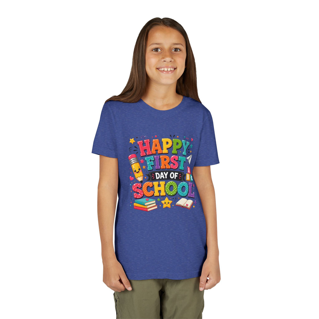 Youth Tee — "Happy First Day of School" Back-to-School Graphic Shirt