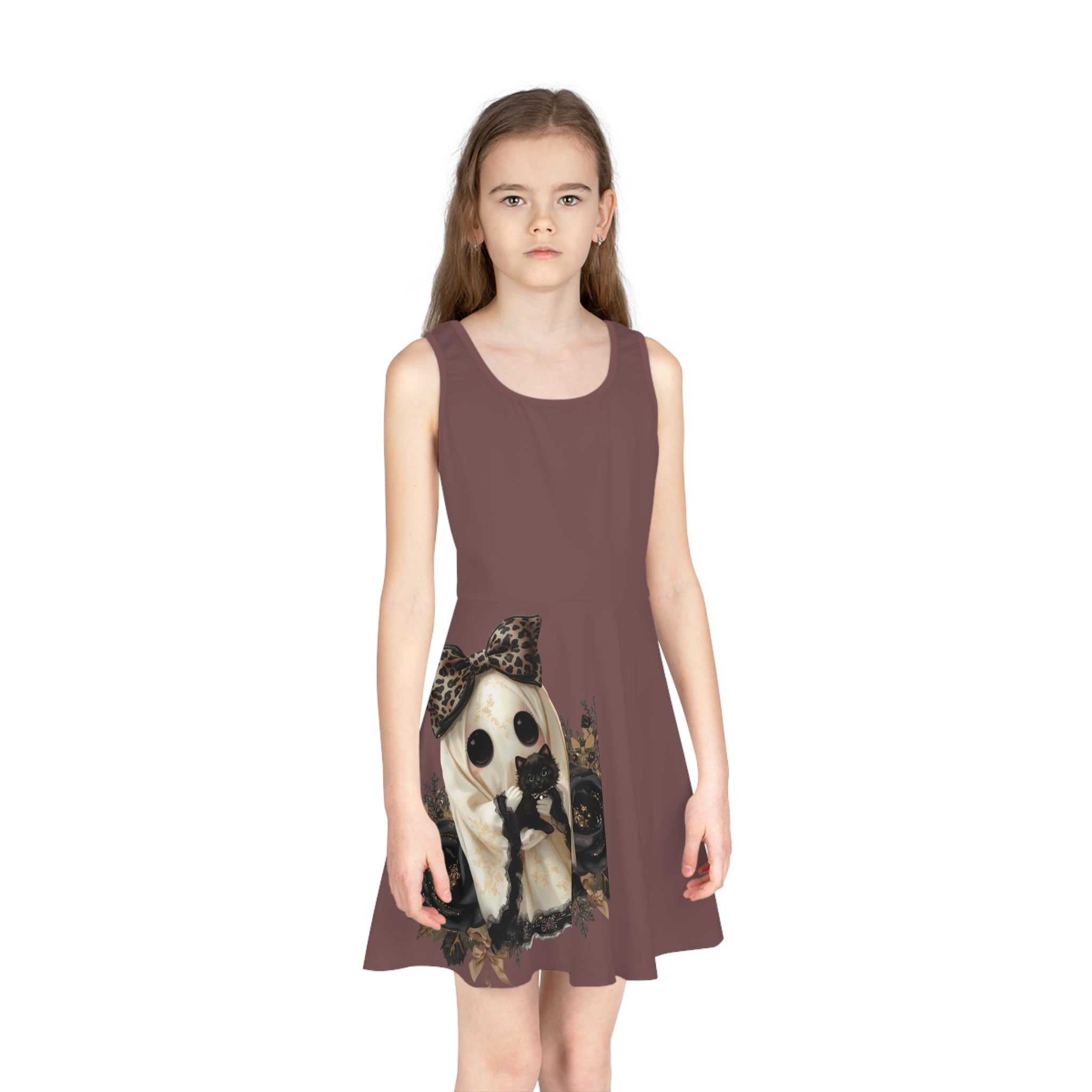 Girls' Sleeveless Dress — Cute Gothic Ghost with Leopard Bow AOP