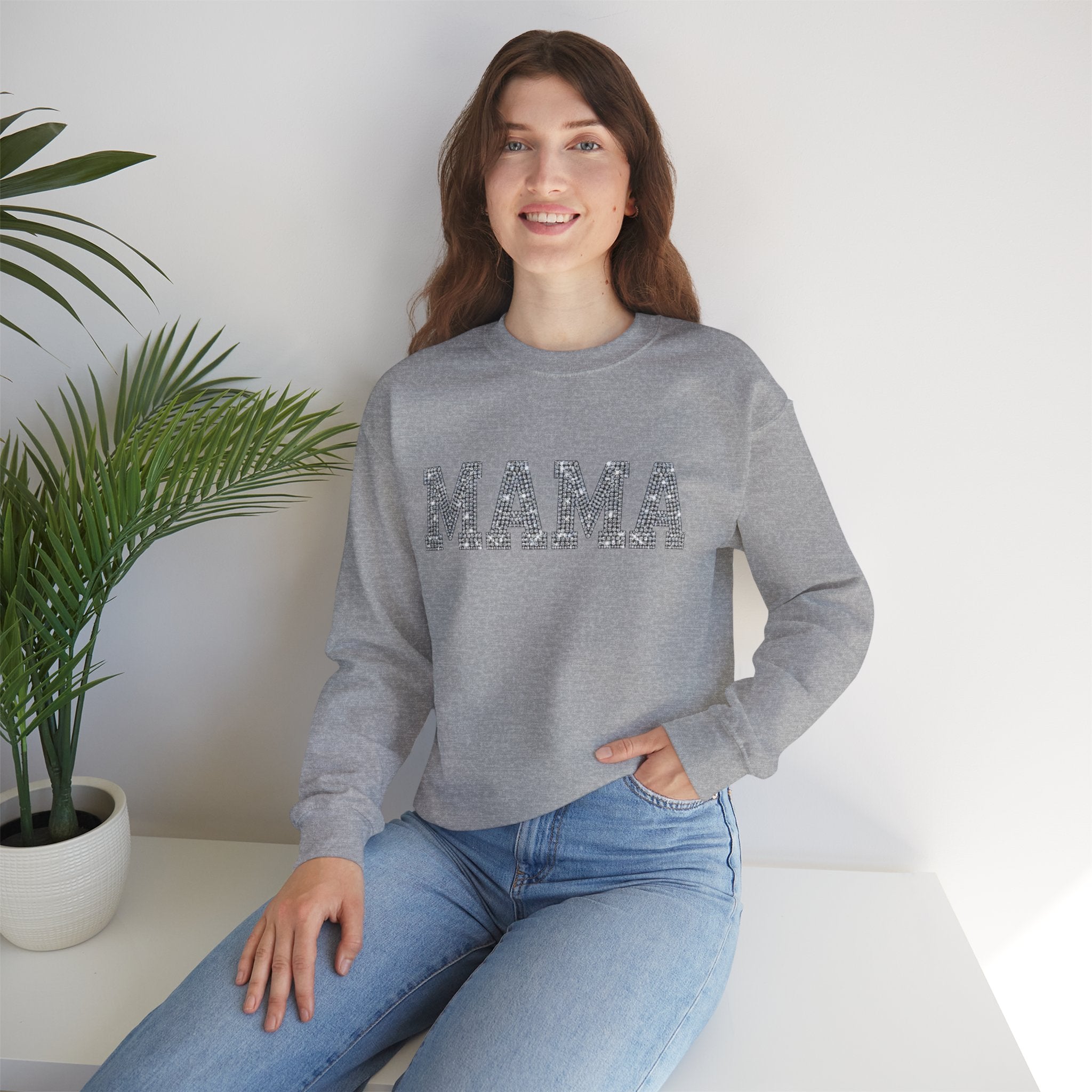 Mama Crewneck Sweatshirt — Casual Glitter Block Letter Mom Pullover