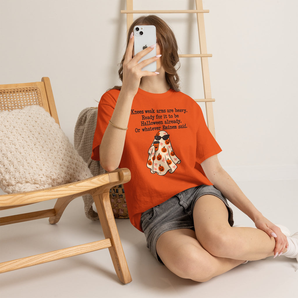 Funny Halloween Ghost T-Shirt — "Knees weak arms are heavy. Ready for it to be Halloween already. Or whatever Slim said."