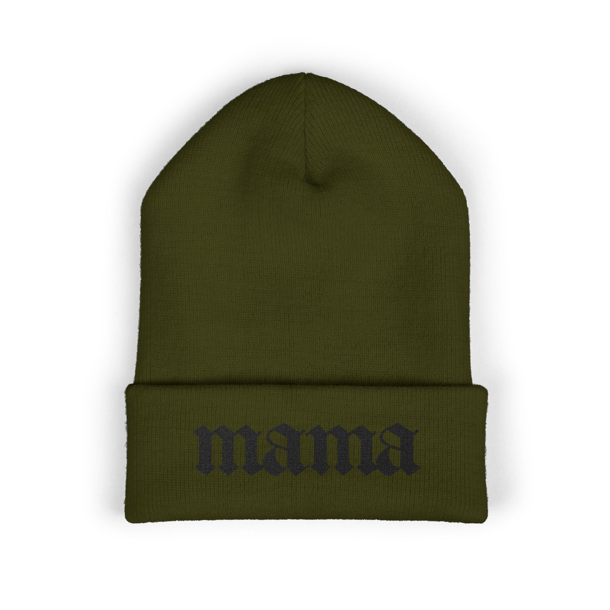 Mama Embroidered Cuffed Beanie — Gothic Script Knit Hat for Moms