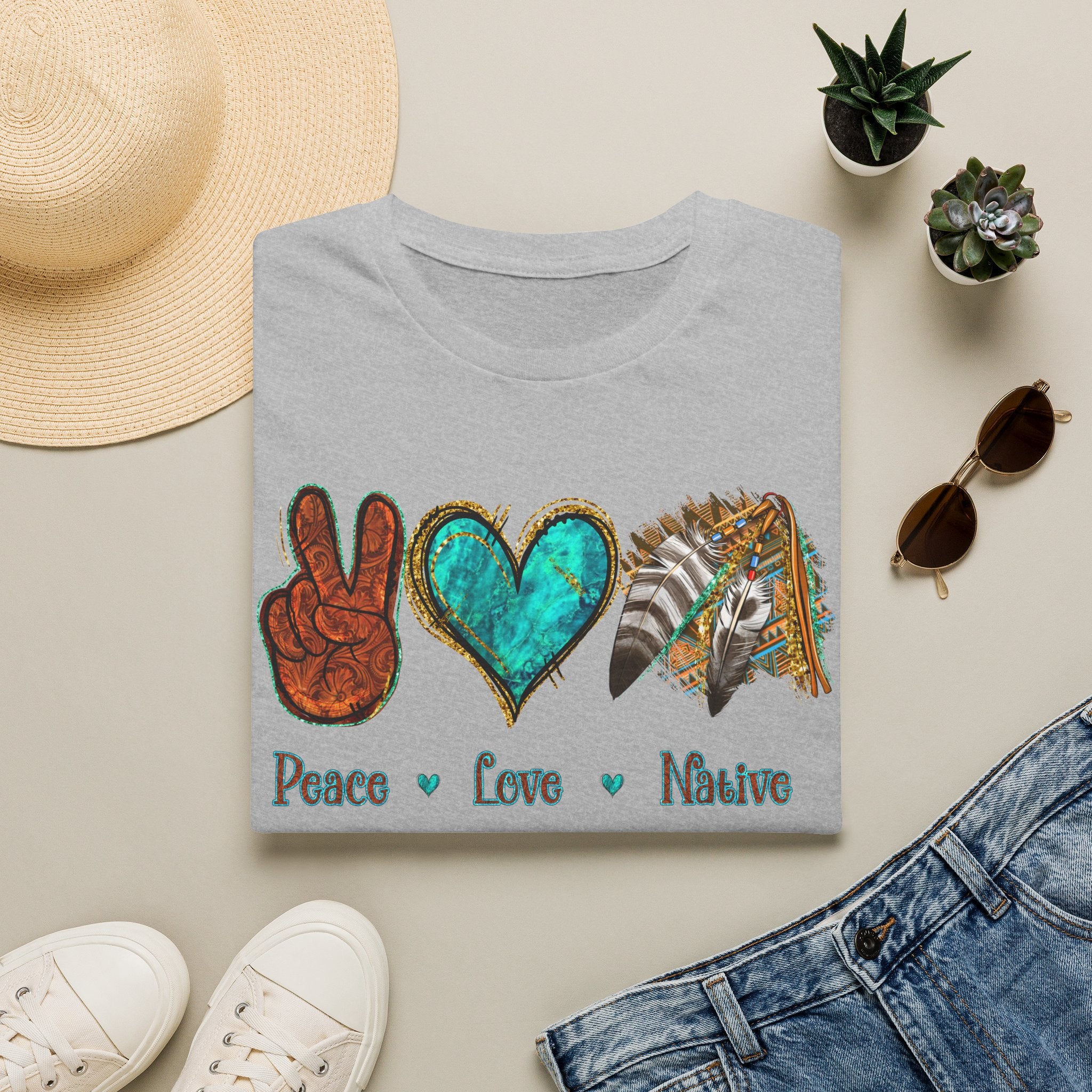 Peace Love Native T-Shirt — Boho Tribal Teal Heart Graphic Tee