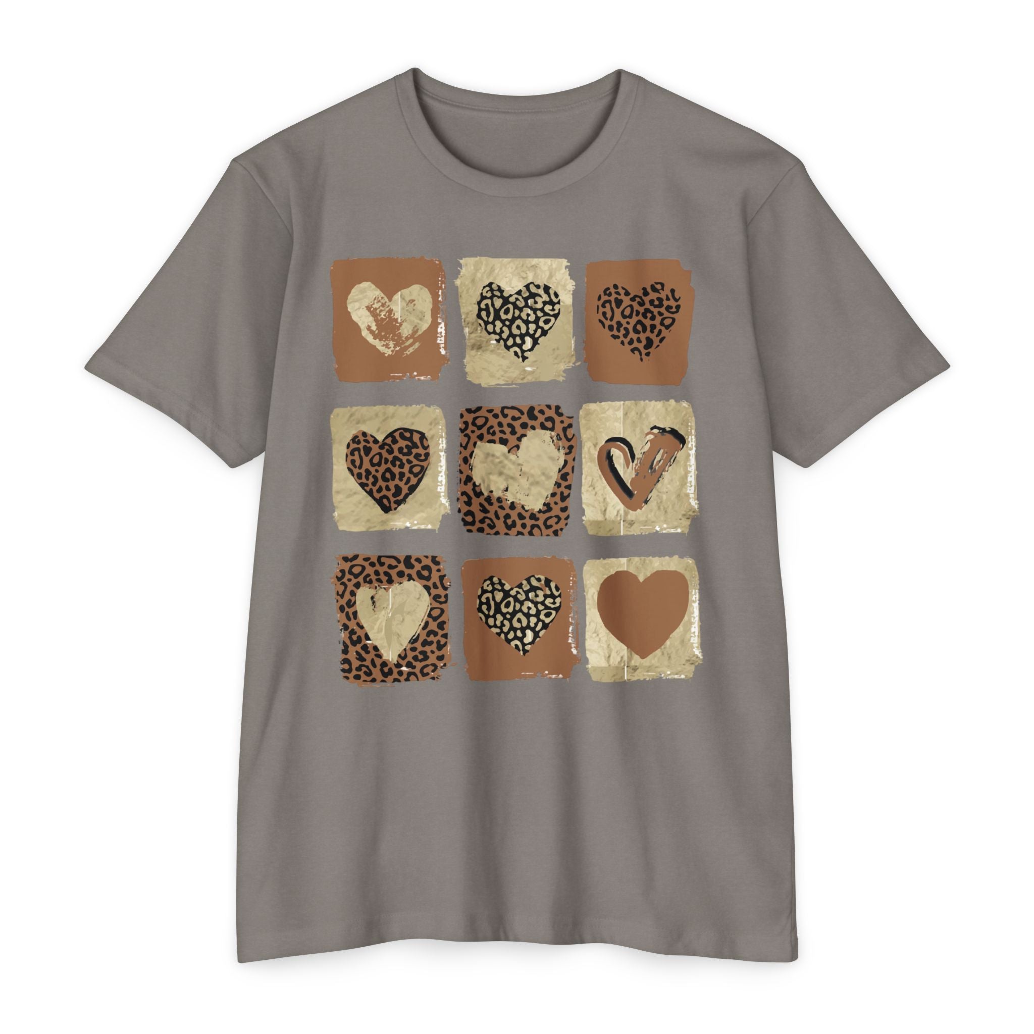 Leopard Hearts T‑Shirt — Neutral Animal Print Heart Grid Tee
