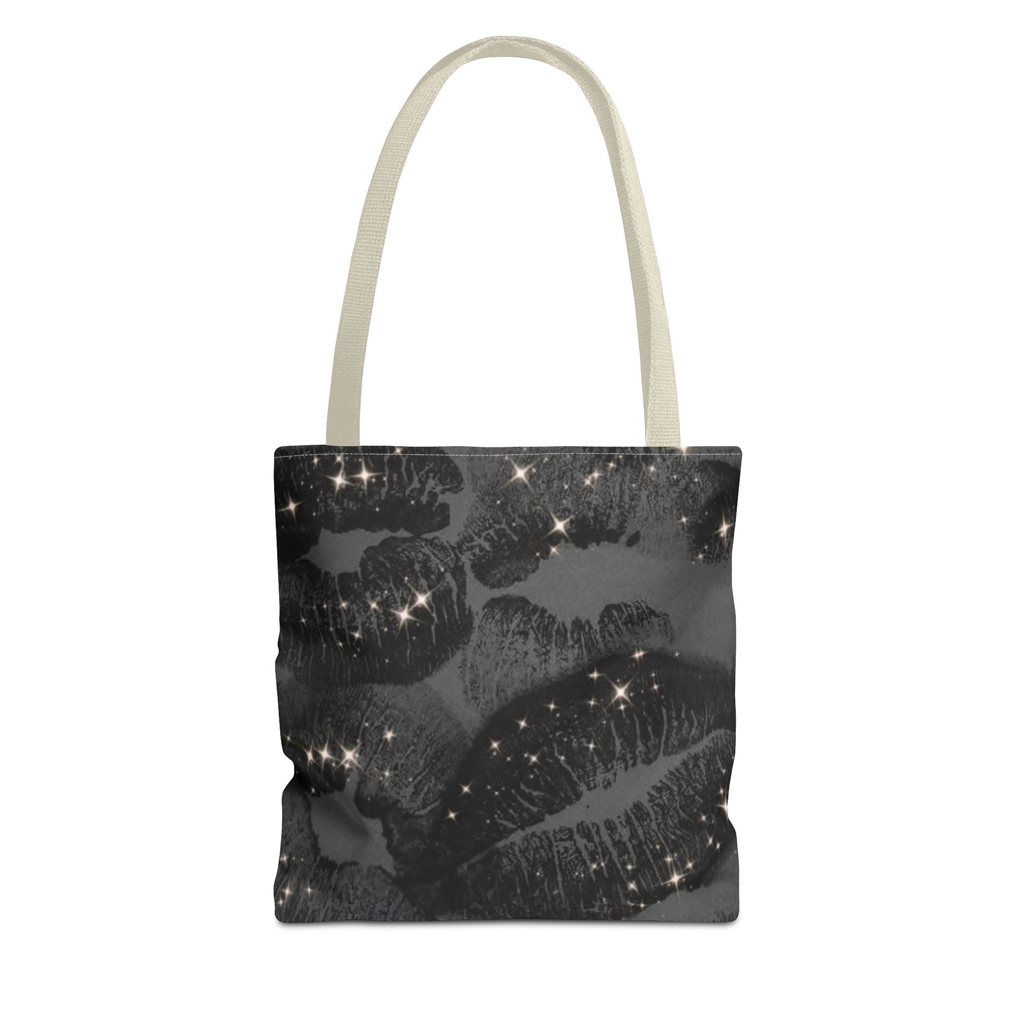 Glitter Kiss Print Tote Bag | Black Lipstick Pattern, Sparkle All-Over