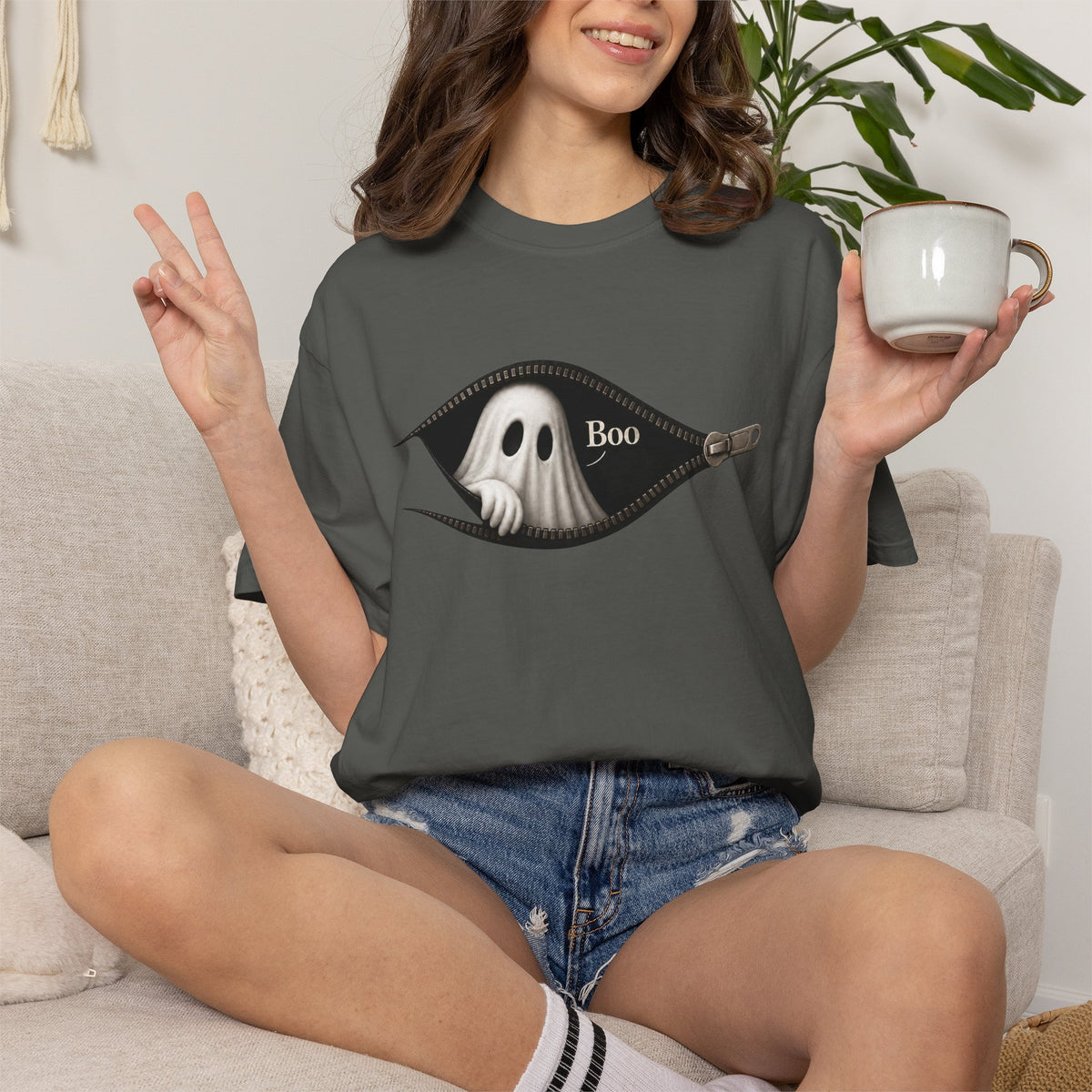 Ghost Peek T-Shirt — "Boo" Zipper Graphic Halloween Tee