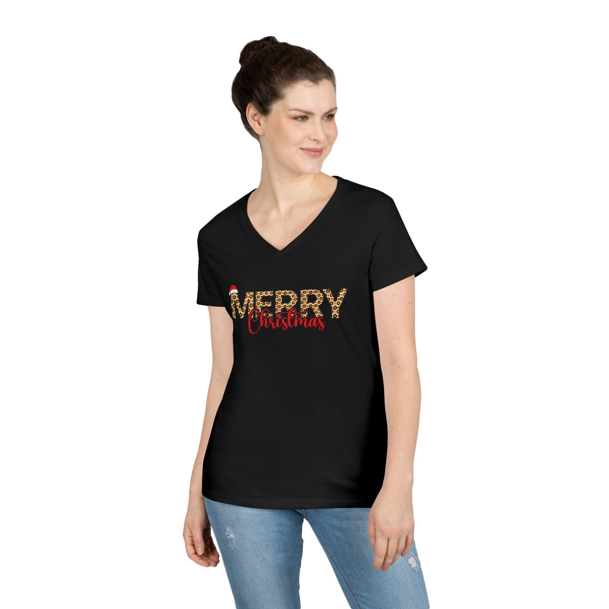 Merry Christmas Leopard Print V-Neck Tee