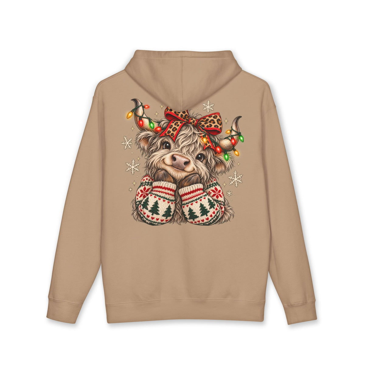 Christmas Cow Hoodie – Cute Highland Cow with Festive Lights & 'Merry Dolly Christmas' Design