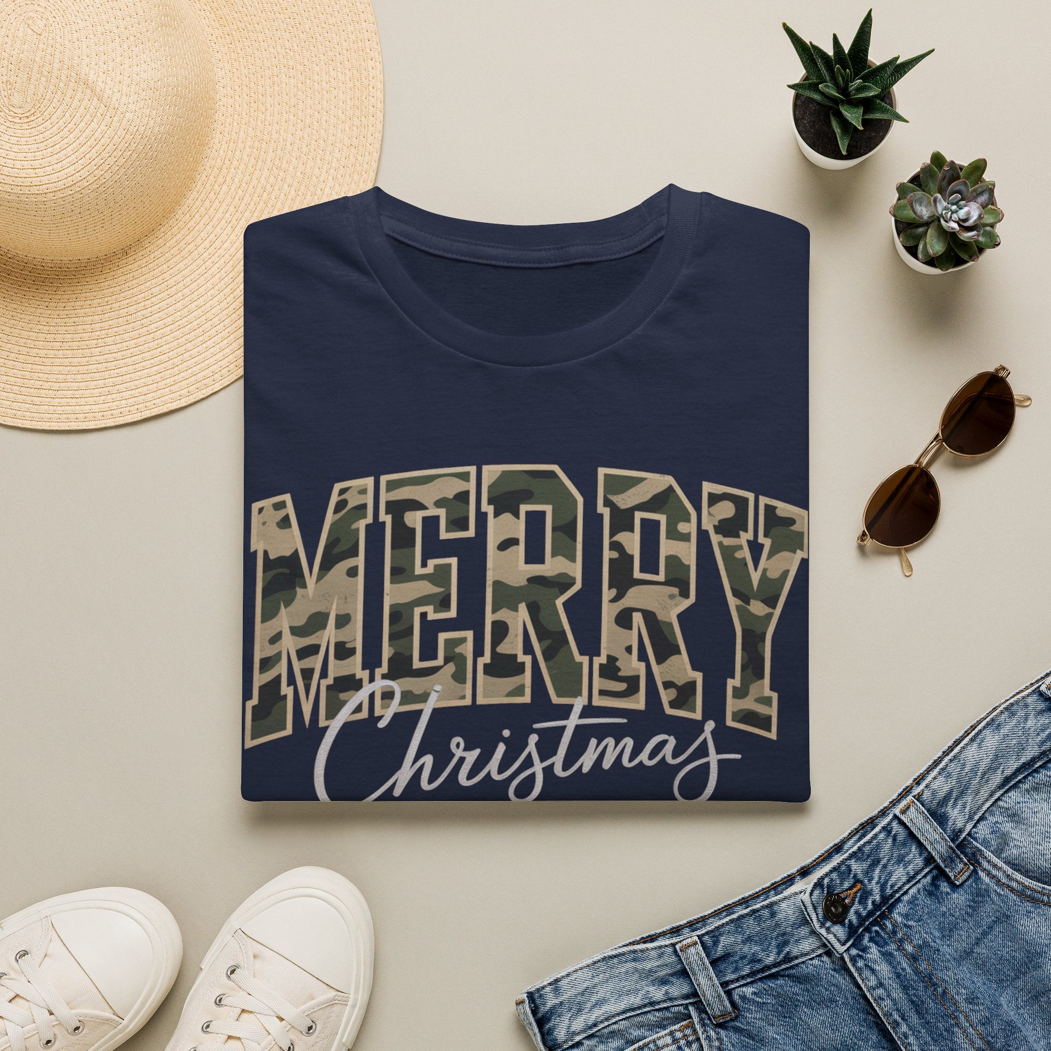 Merry Christmas Camo Tee — Women's Holiday Graphic T-Shirt