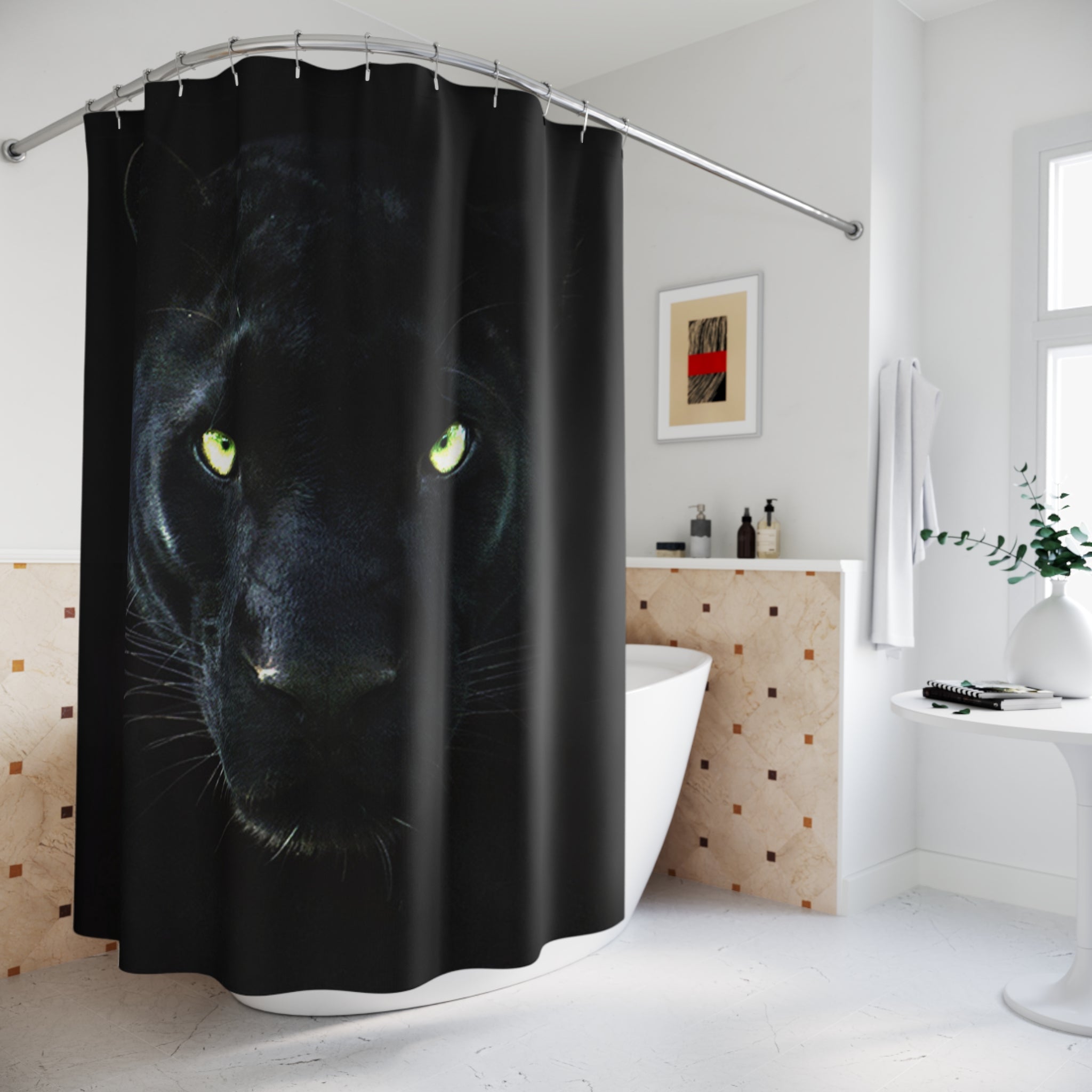 Panther Shower Curtain – Dramatic Black Cat Bathroom Decor with Glowing Green Eyes