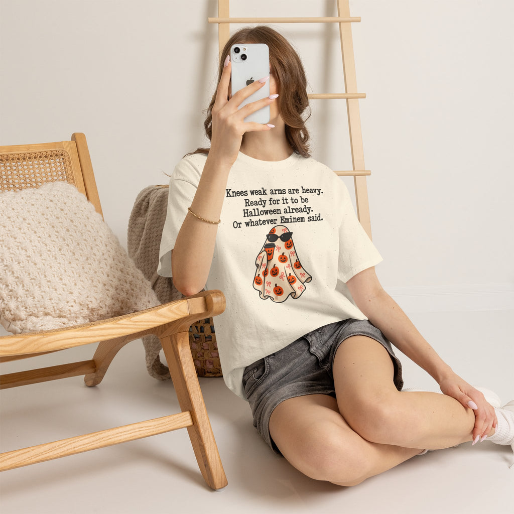Funny Halloween Ghost T-Shirt — "Knees weak arms are heavy. Ready for it to be Halloween already. Or whatever Slim said."