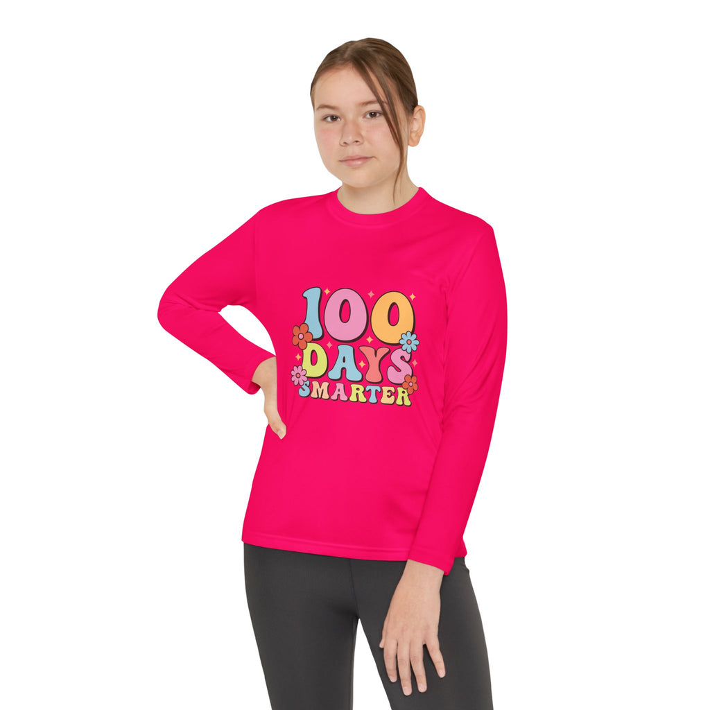 100 Days Smarter Youth Long Sleeve Tee — Retro Floral School Celebration Shirt