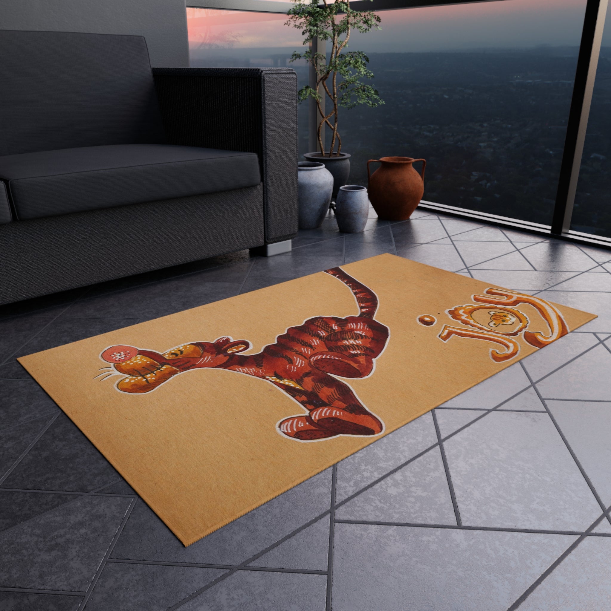 Outdoor Rug — Playful Tiger "Joy" Doormat for Patio & Entry